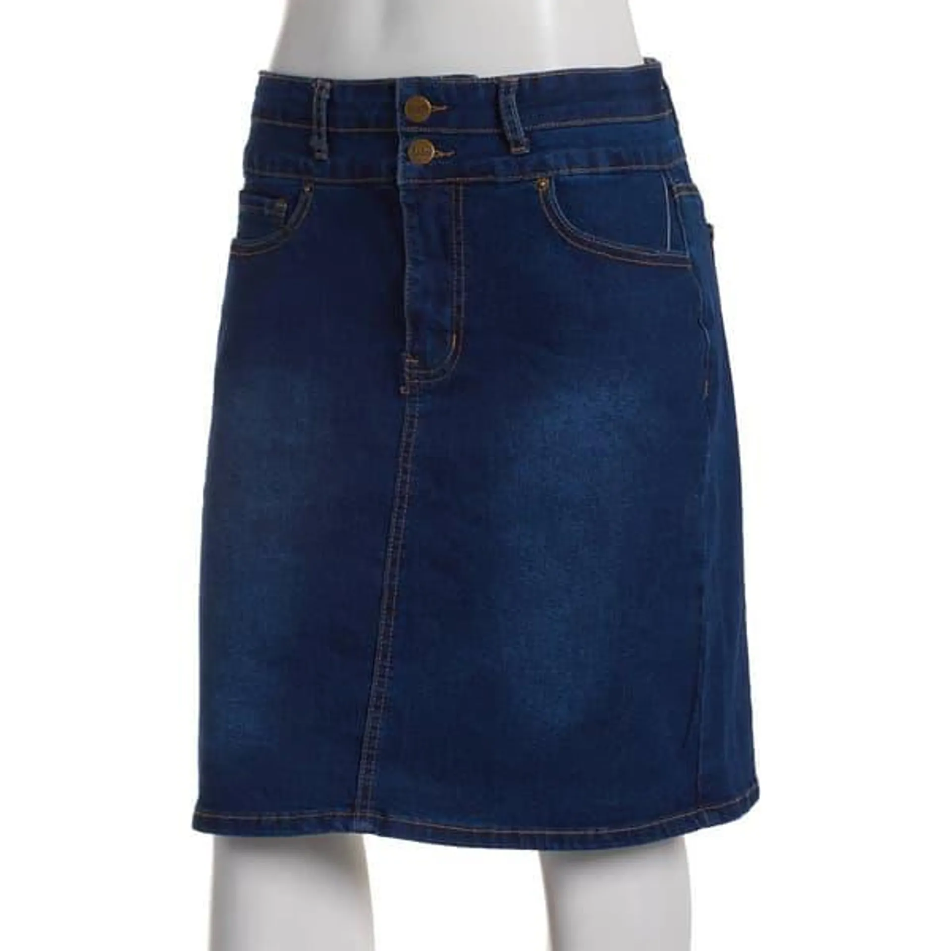 Womens Bleu Denim Double Button Denim Skirt with Clean Hem