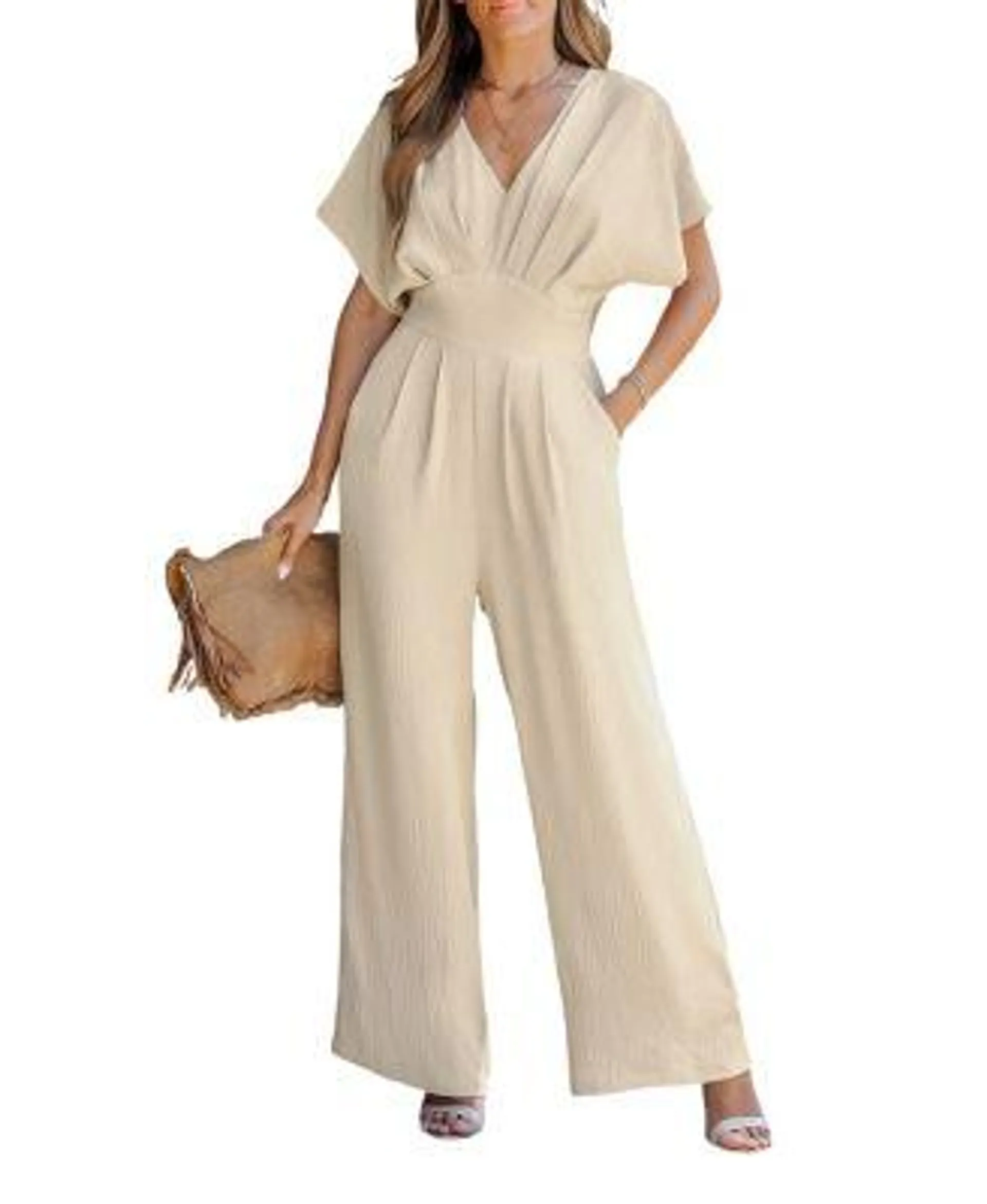 Women's Khaki V-Neck Short Sleeve Straight Leg Jumpsuit