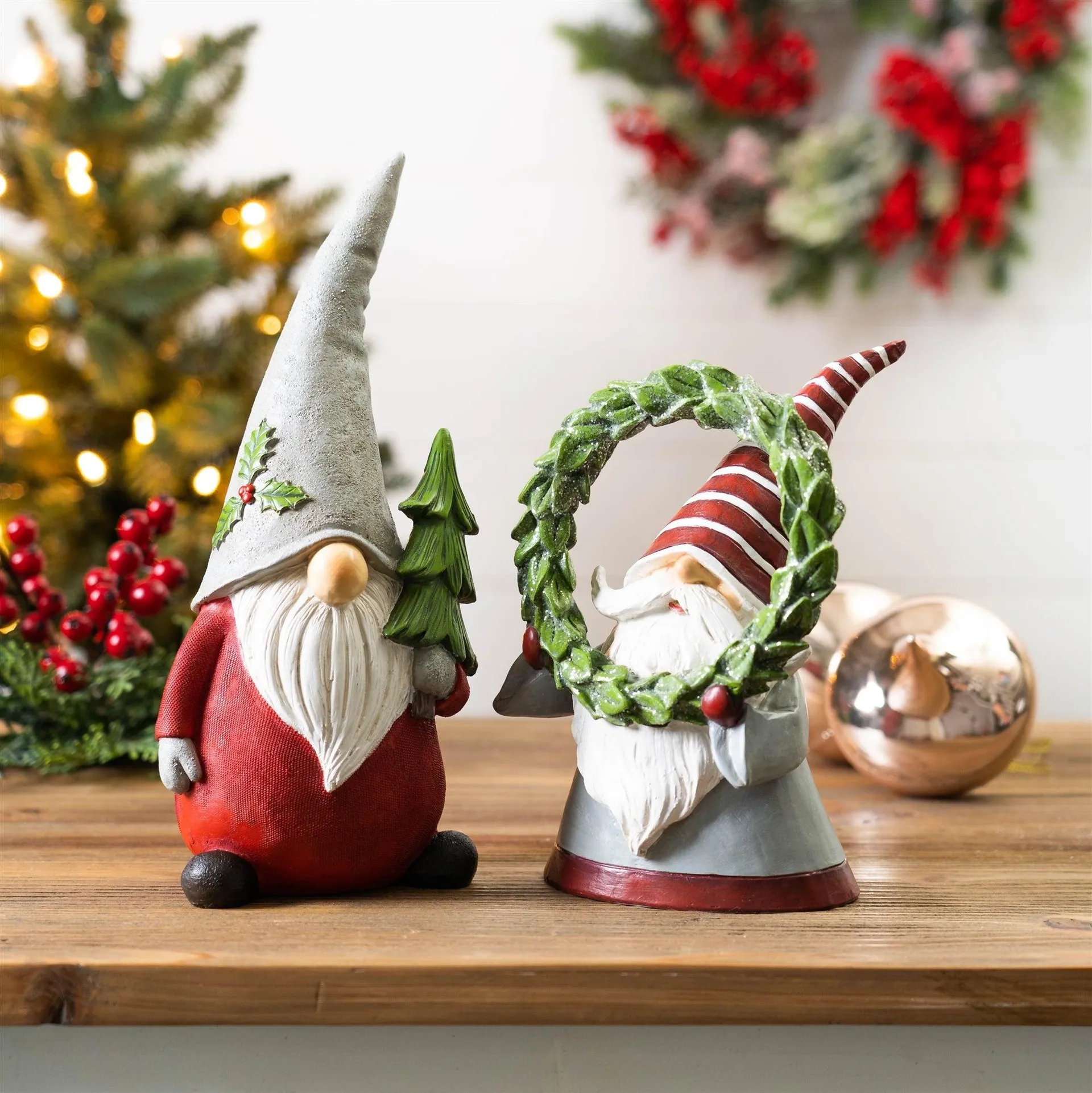 Holiday Gnome Figurine with Pine Tree and Wreath Accent, Set of 2