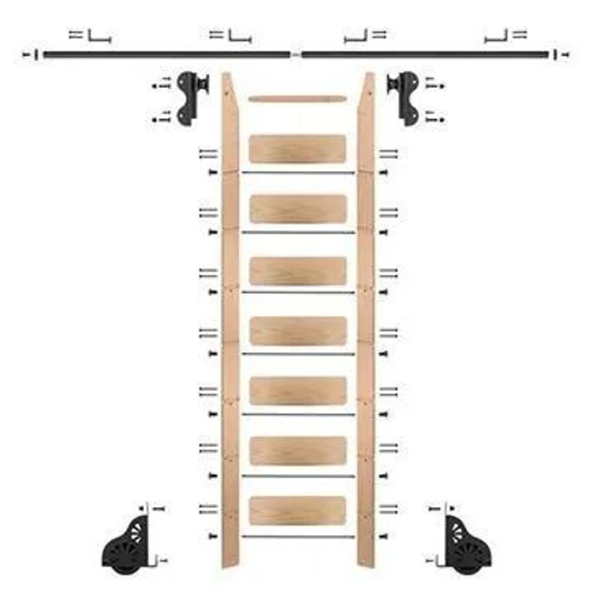 Quiet Glide Oak Library Ladder & 8 Ft Rolling Hook Hardware Kit