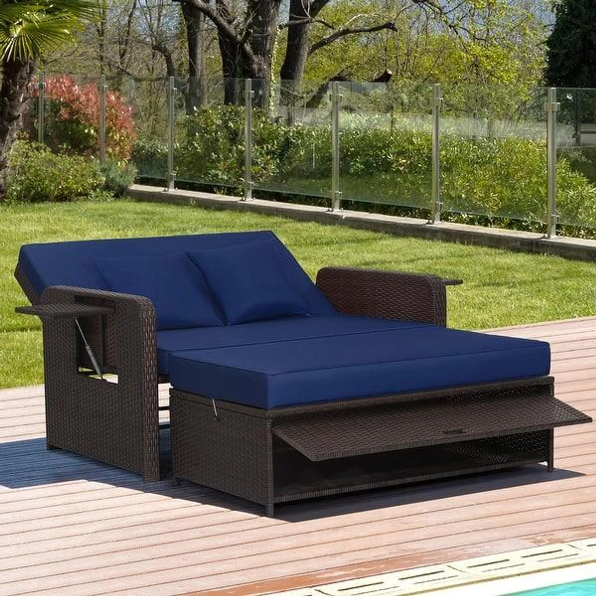 Rattan Two-seat Patio Chaise with Storage and Extending Side Tables