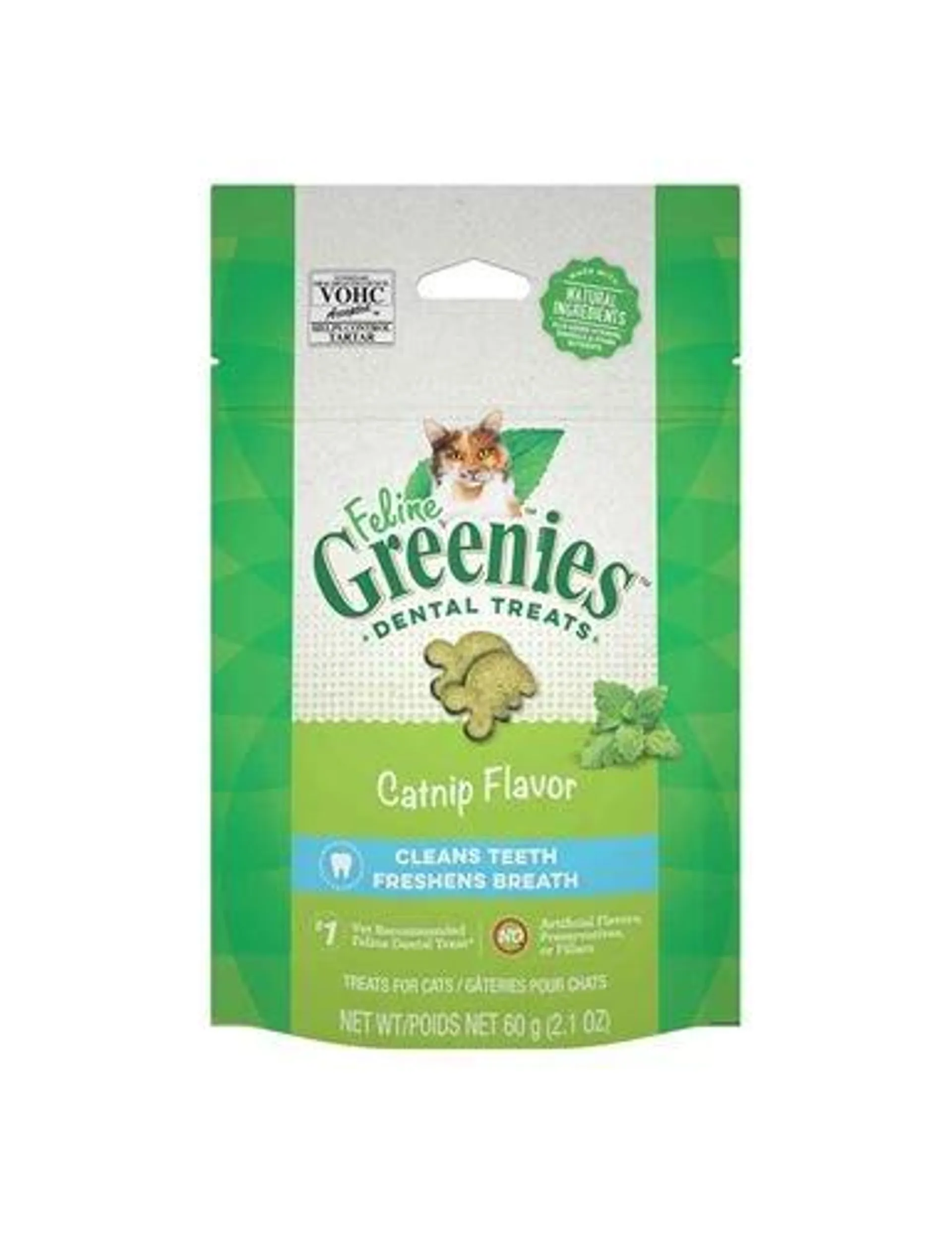 FELINE GREENIES Adult Natural Dental Care Cat Treats, Catnip Flavor, 2.1 Ounce Pouch