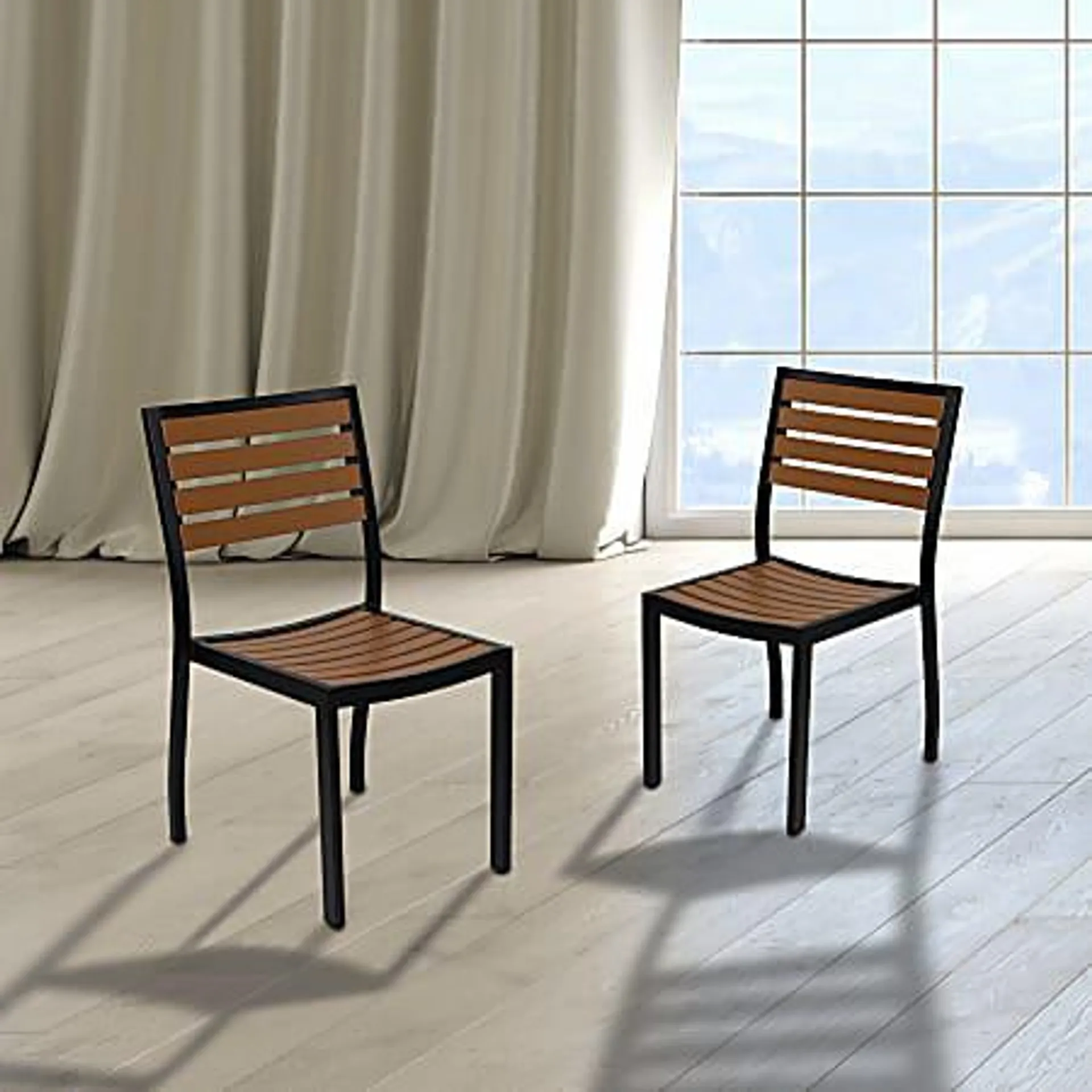 Flash Furniture Lark Outdoor Faux Teak Poly Slat Armless Side Chairs, Teak/Black, Set Of 2 Chairs