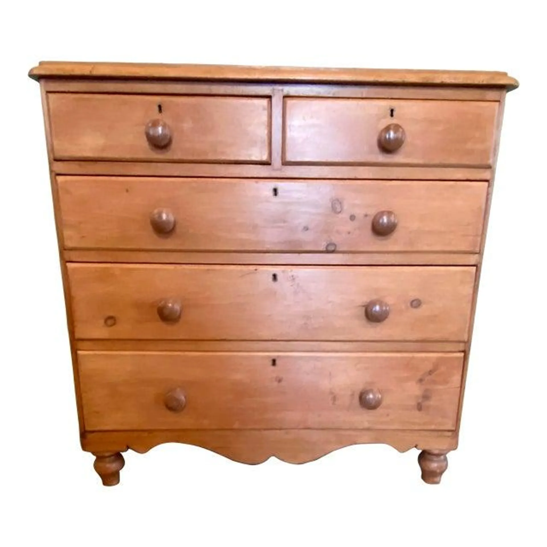 Antique Pine 2 Over 3 Chest of Drawers With Wooden Knobs From England - Circa 1890