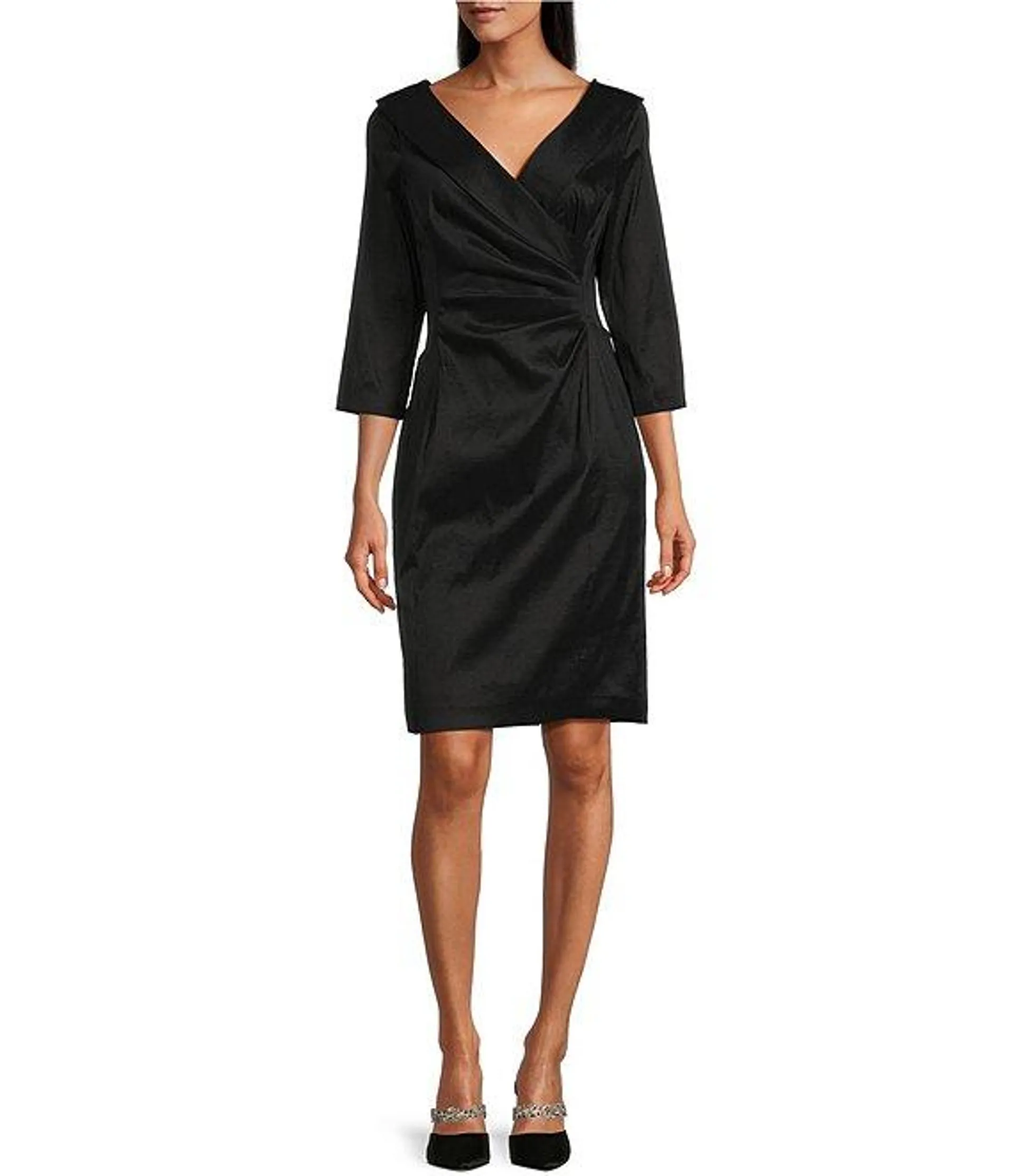 Portrait Collar 3/4 Sleeve Ruched Waist Stretch Taffeta Sheath Cocktail Dress