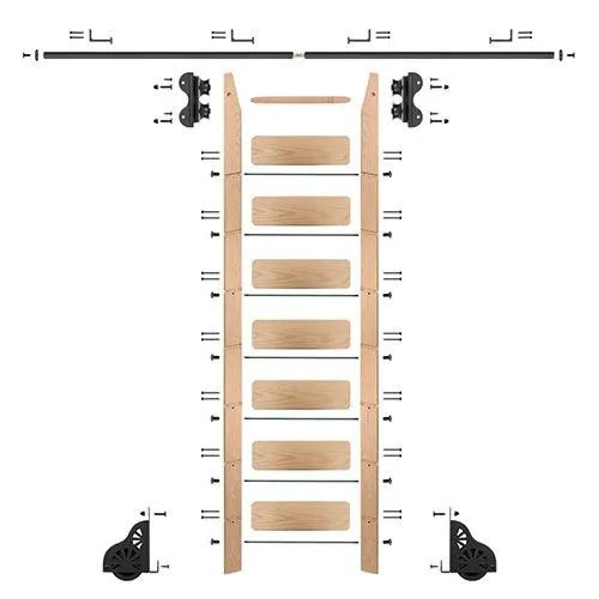 Quiet Glide Oak Library Ladder & 8 Ft Rolling Hardware Kit