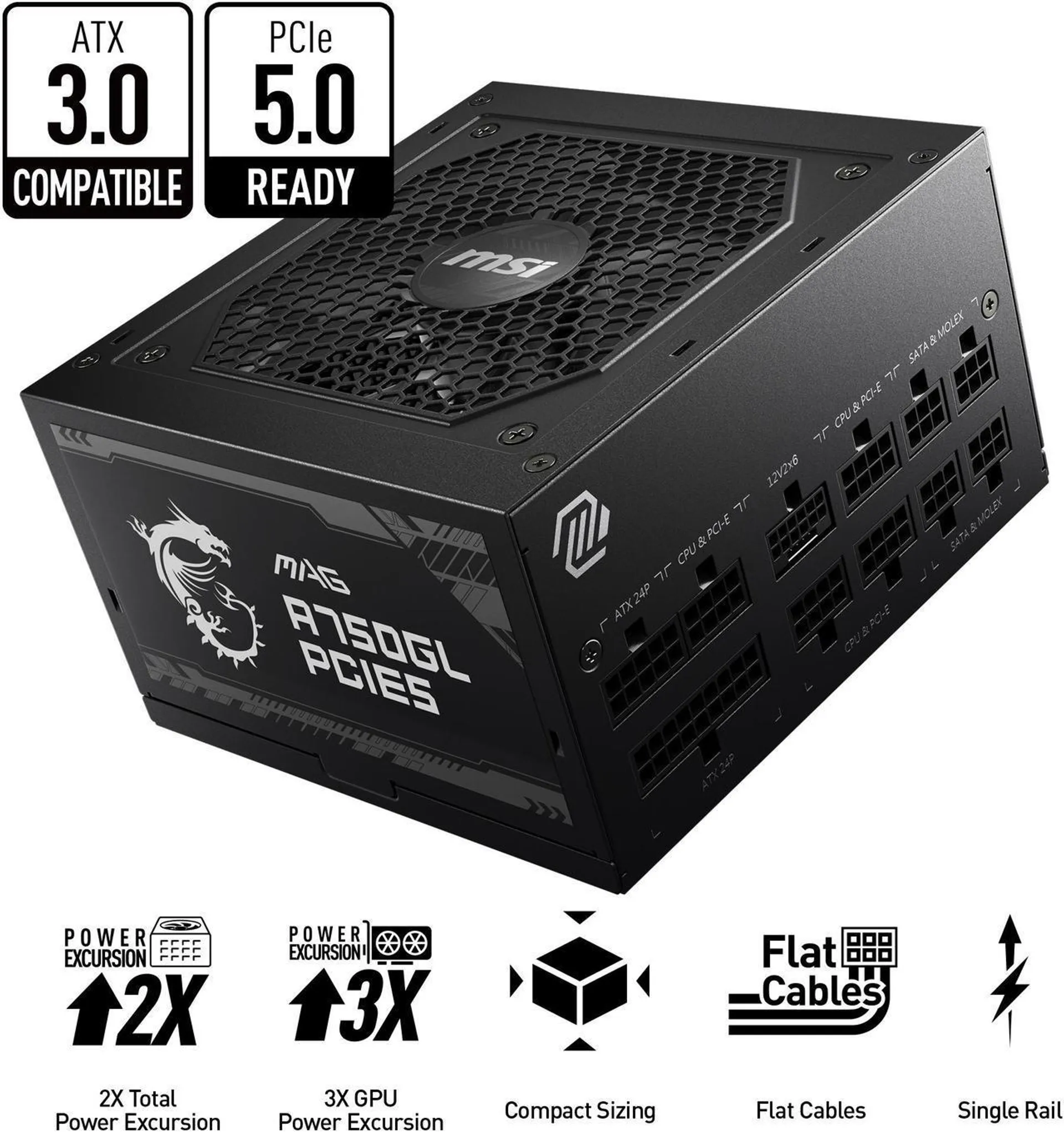 MSI - MAG A750GL PCIE 5.0, 80 GOLD Fully Modular Gaming PSU, 12VHPWR Cable, ATX 3.0 Compatible, 750W Power Supply, 10 Year Warranty