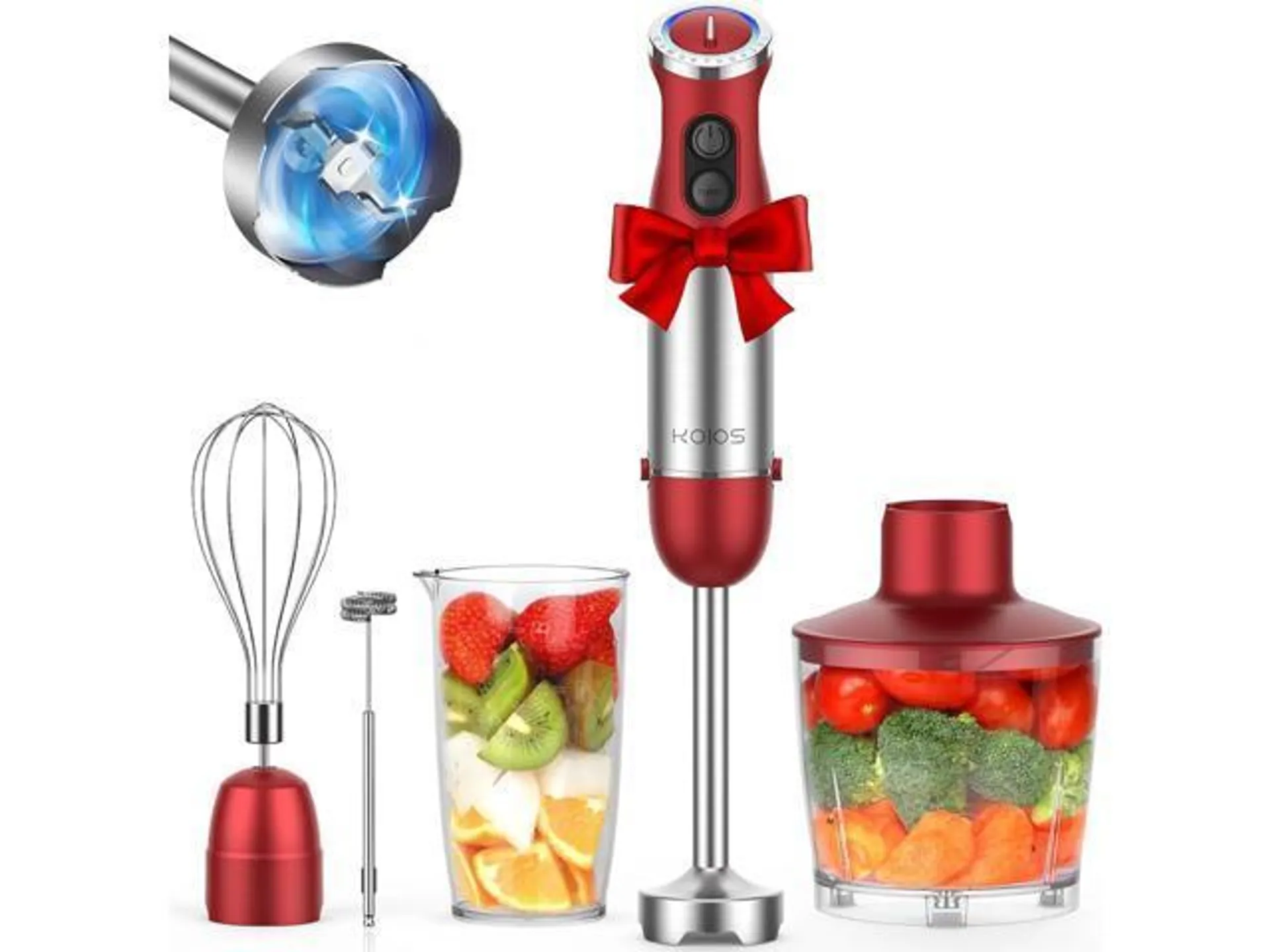 KOIOS 5-in-1 Hand Immersion Blender, 1000W 12 Speed Handheld Blender, Copper Motor Stainless Steel Blade Stick Blender,600ml Mixing Beaker,500ml Food Processor, Whisk, Milk Frother, BPA-Free, Red