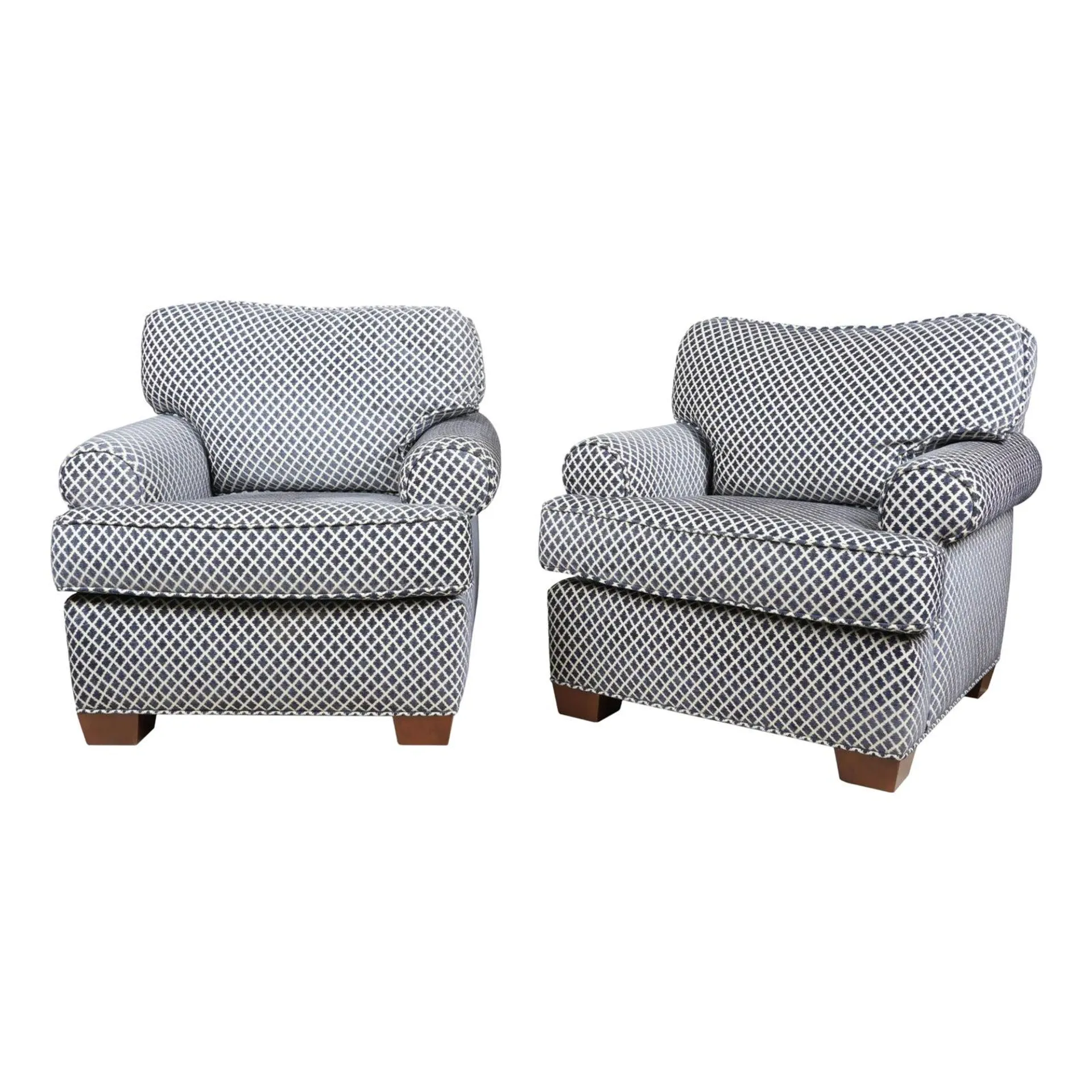 Pair of J. Schultz Interiors Blue and White Upholstered Armchairs
