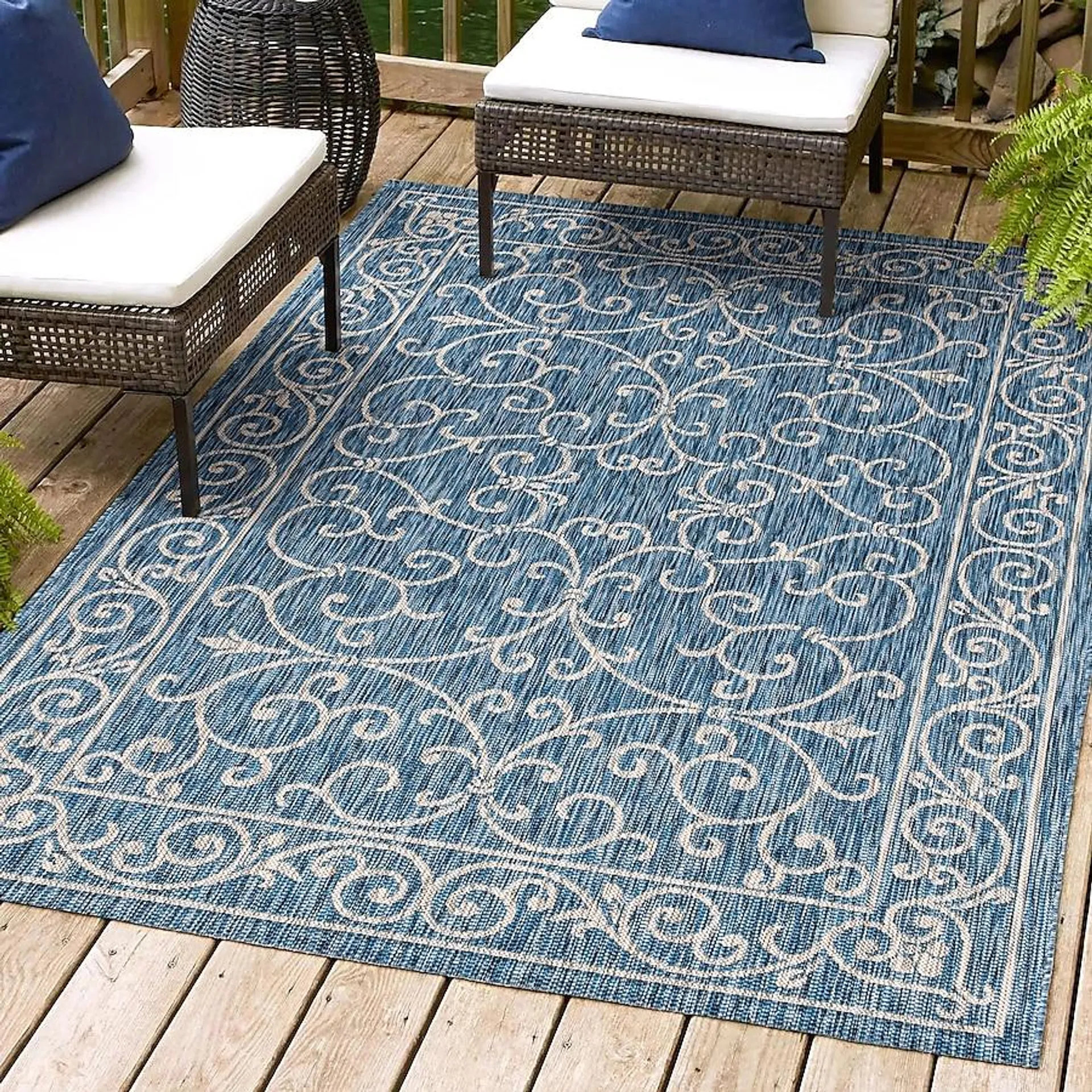 JONATHAN Y Santa Monica Charleston Filigree Textured Weave 9 X 12 (ft) Navy/Gray Indoor/Outdoor Border French Country Area Rug