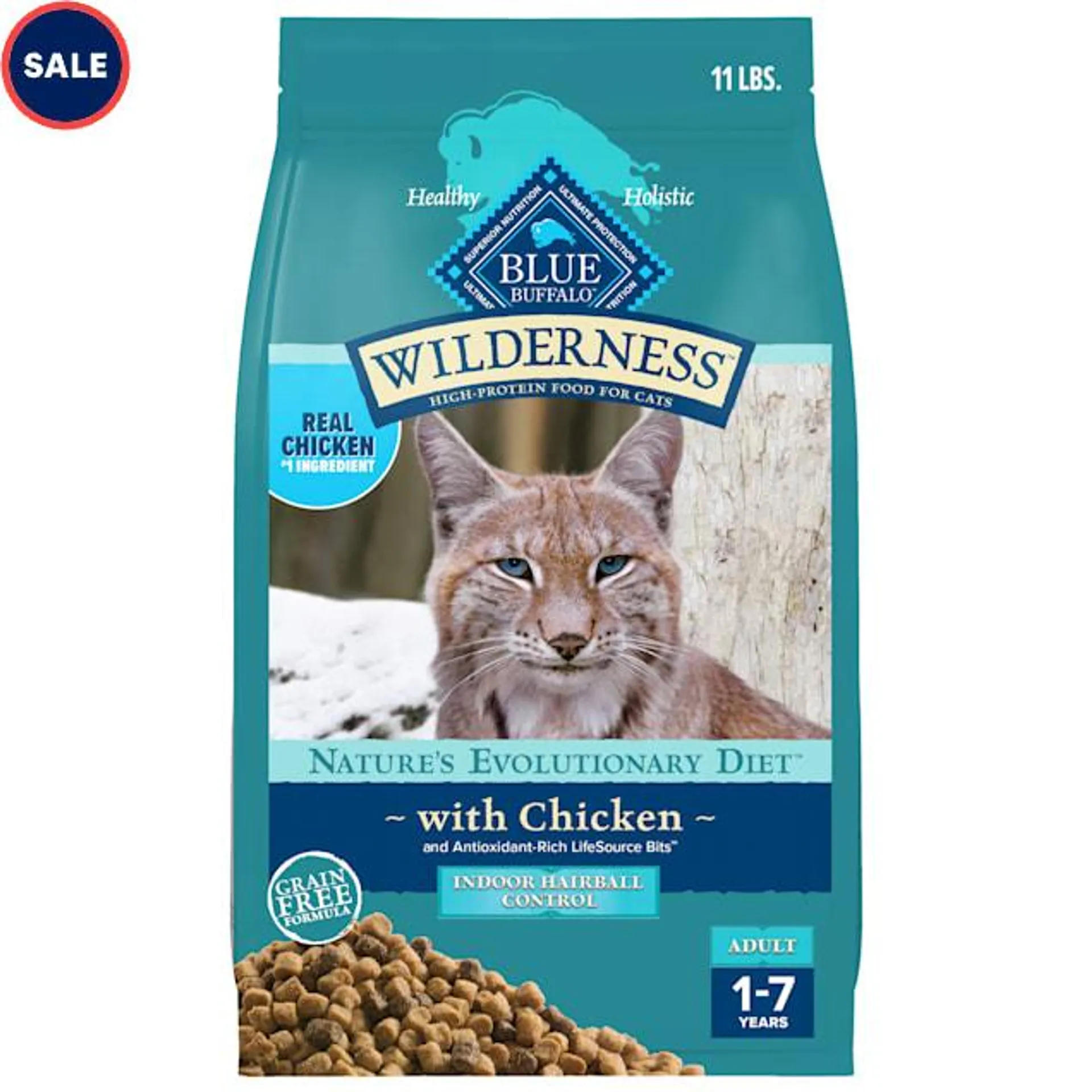 Blue Buffalo Wilderness Natural Adult High Protein Grain Free Indoor Hairball Control Chicken Dry Cat Food, 11 lbs.