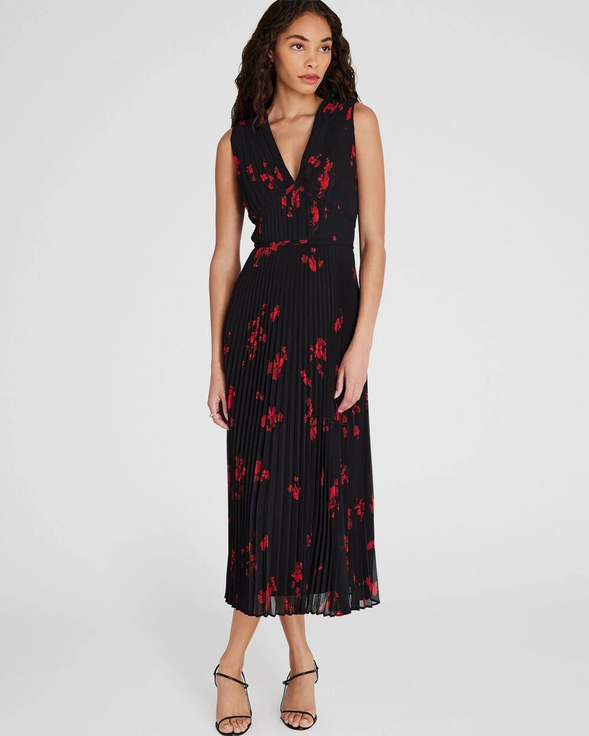 Pleated Floral Print Crepe Midi Dress