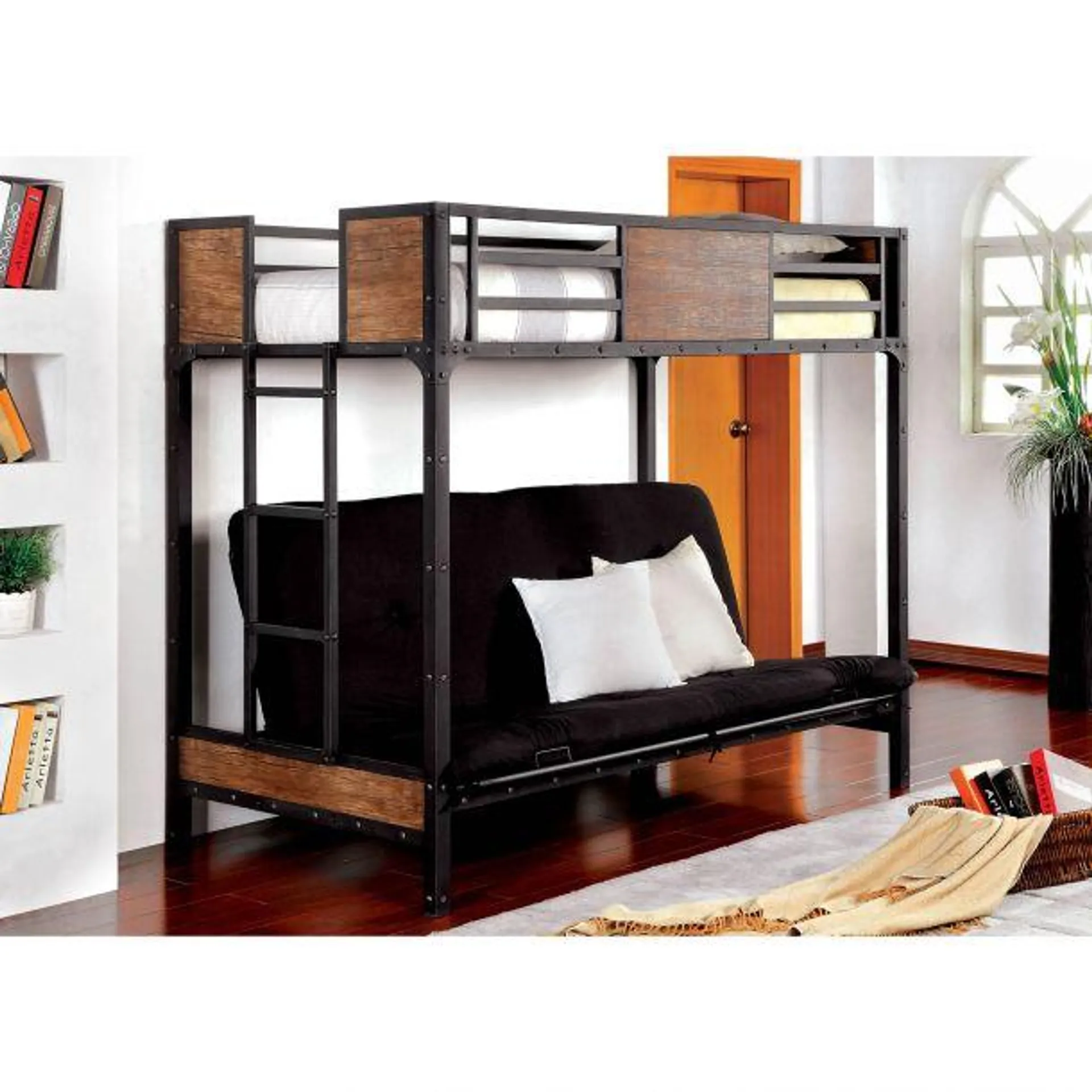 Clapton Twin Bunk Bed with Futon Base by Furniture of America - Black