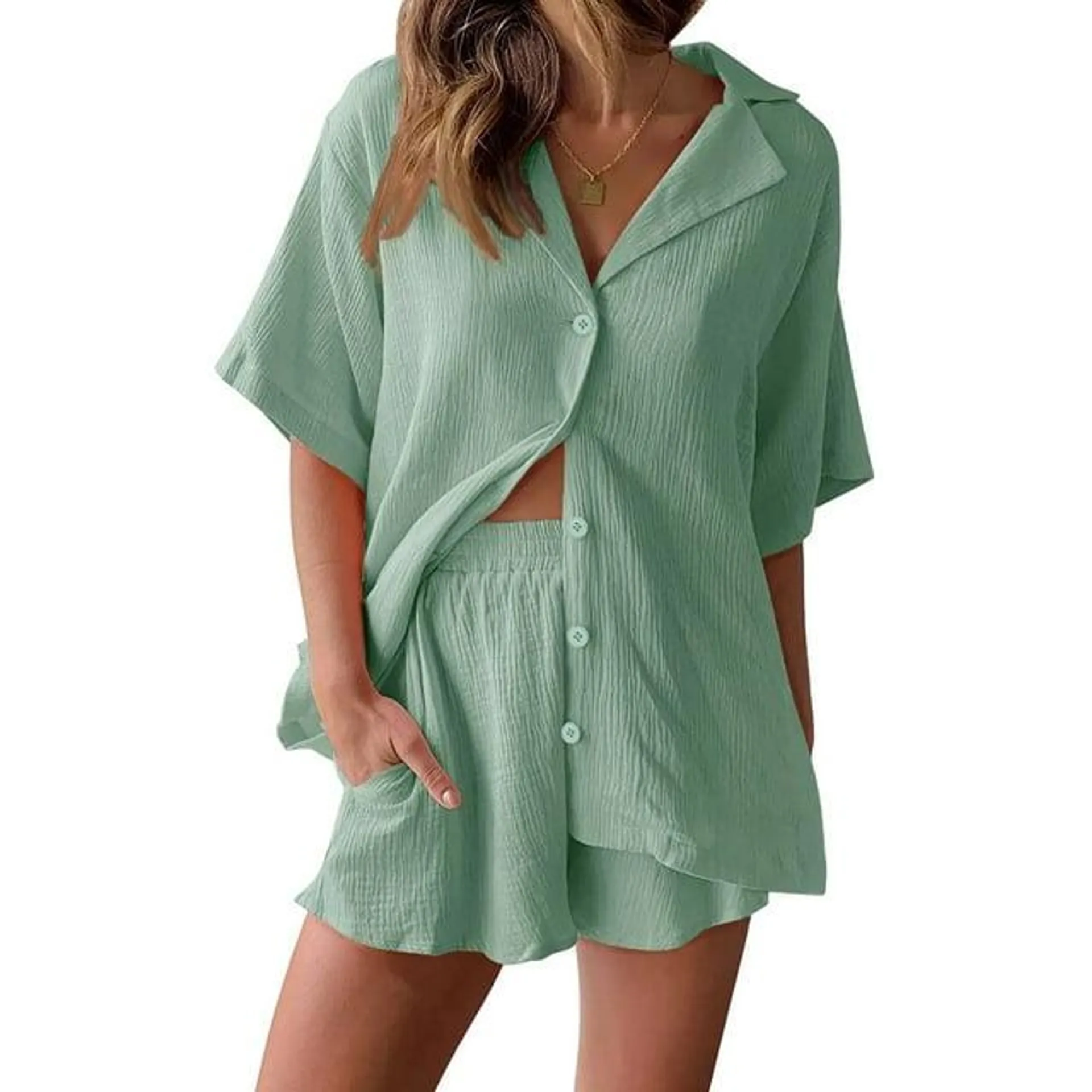 Fantaslook 2 Piece Lounge Sets for Women Button Down Shirts and Shorts Casual Set Short Sleeve Summer Loungewear Outfits