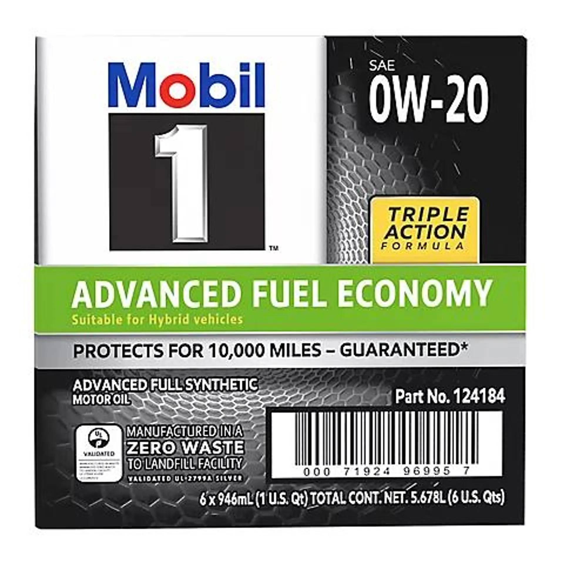 Mobil 1 Advanced Fuel Economy Full Synthetic Motor Oil 0W-20, 6 pk./1 qt.