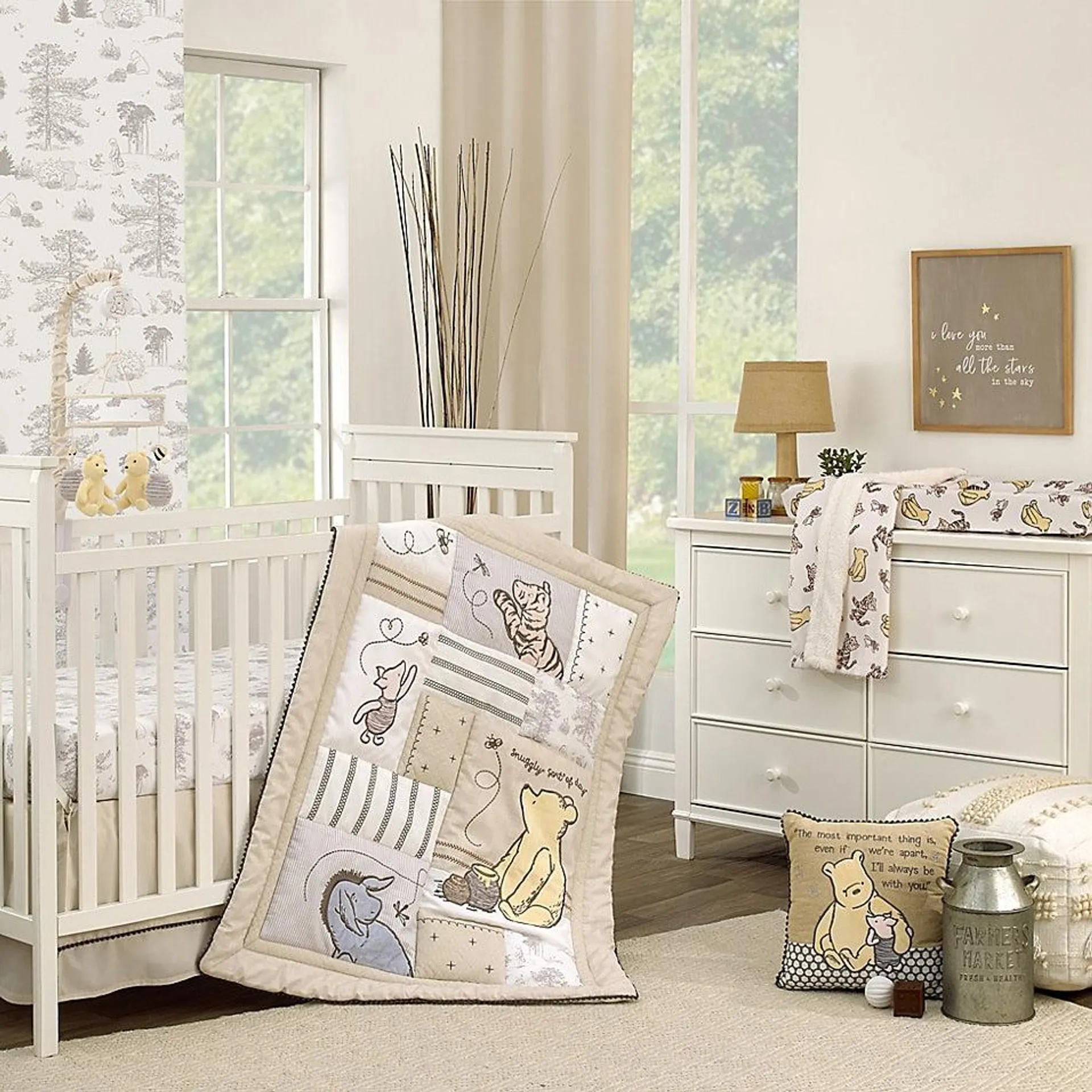 Disney Classic Pooh Hunny Fun with Piglet and Eeyore The Hundred Acre Woods Taupe 3 Piece Nursery Crib Bedding Set