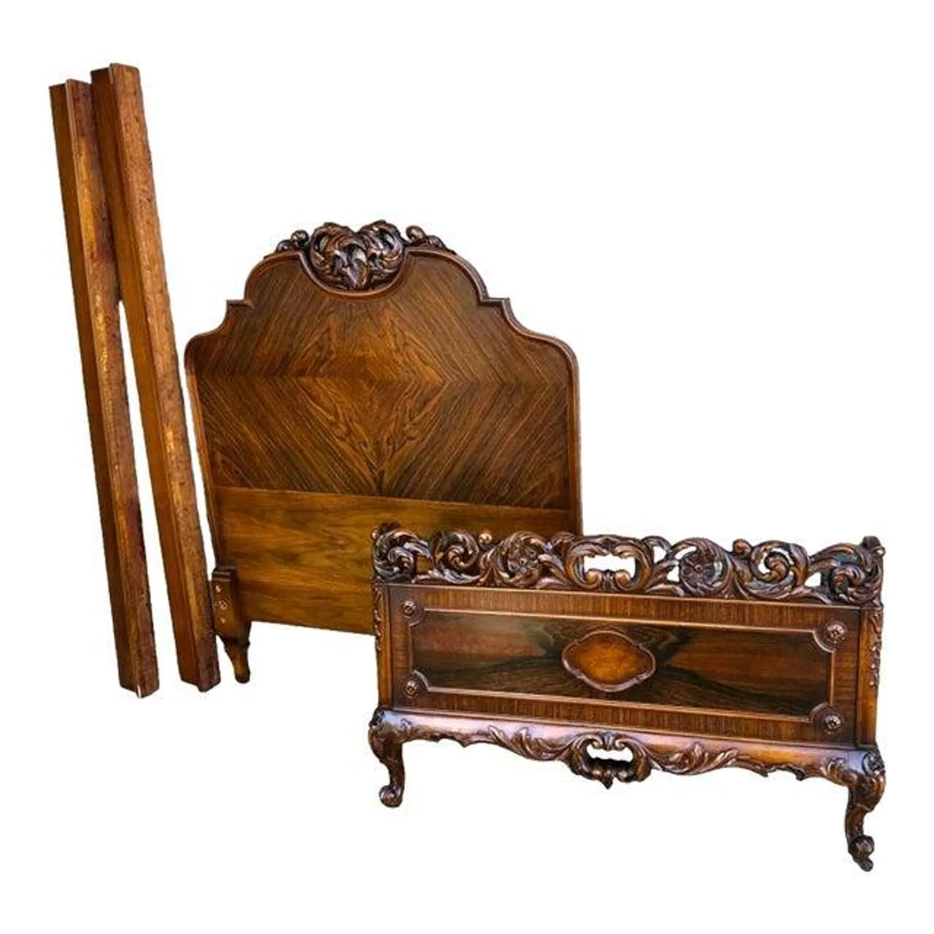 Antique Rococo Heavily Carved Burlwood and Walnut Bed Attributed to Kindel Grand Rapids - Twin Size - Circa 1910