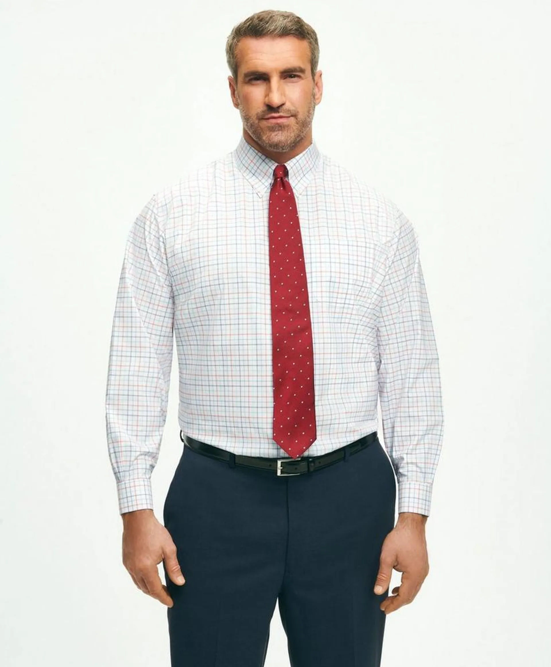Stretch Big & Tall Supima ® Cotton Non-Iron Poplin Polo Button Down Collar, Multi Windowpane Dress Shirt
