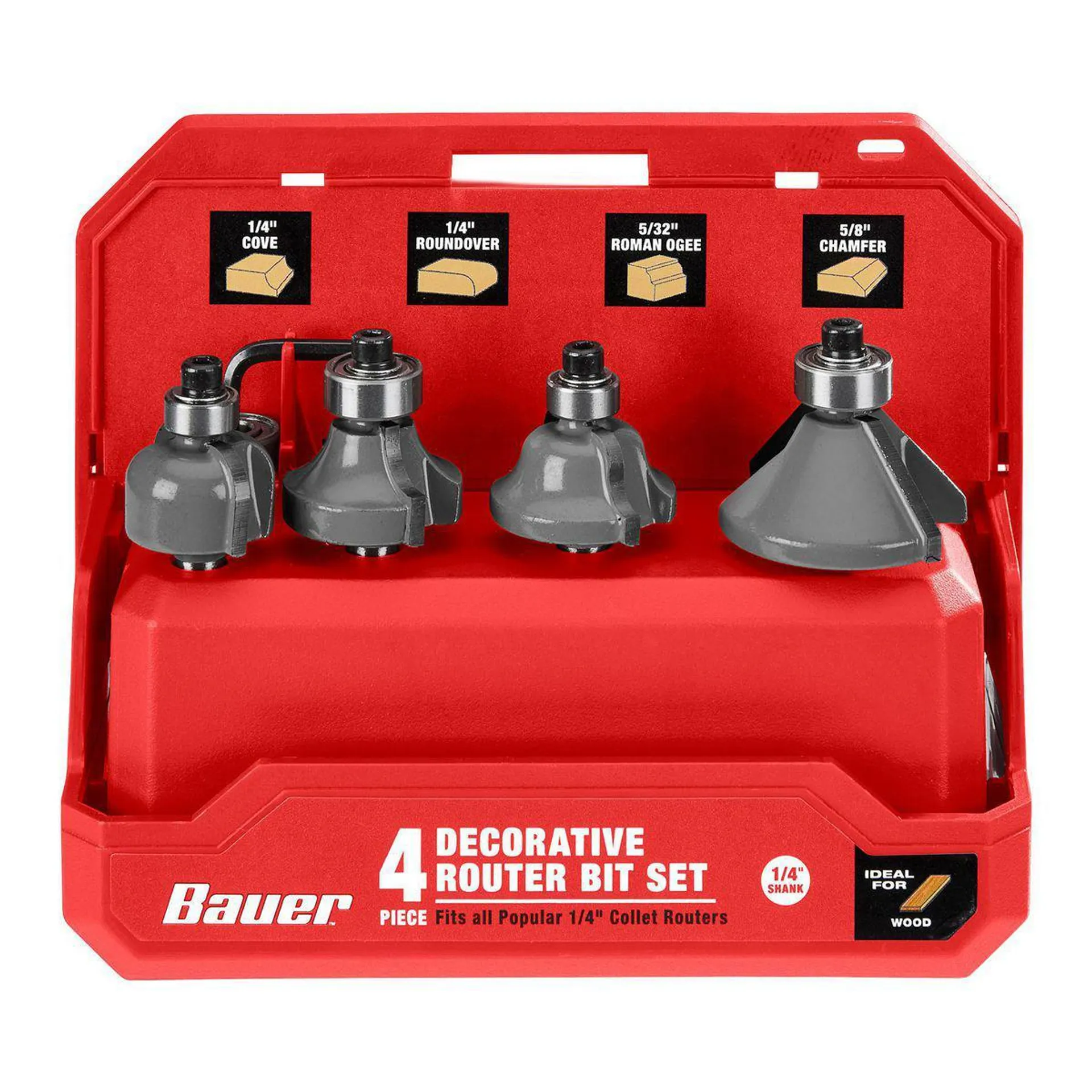 BAUER Carbide Tip Decorative Router Bit Set, 4-Piece