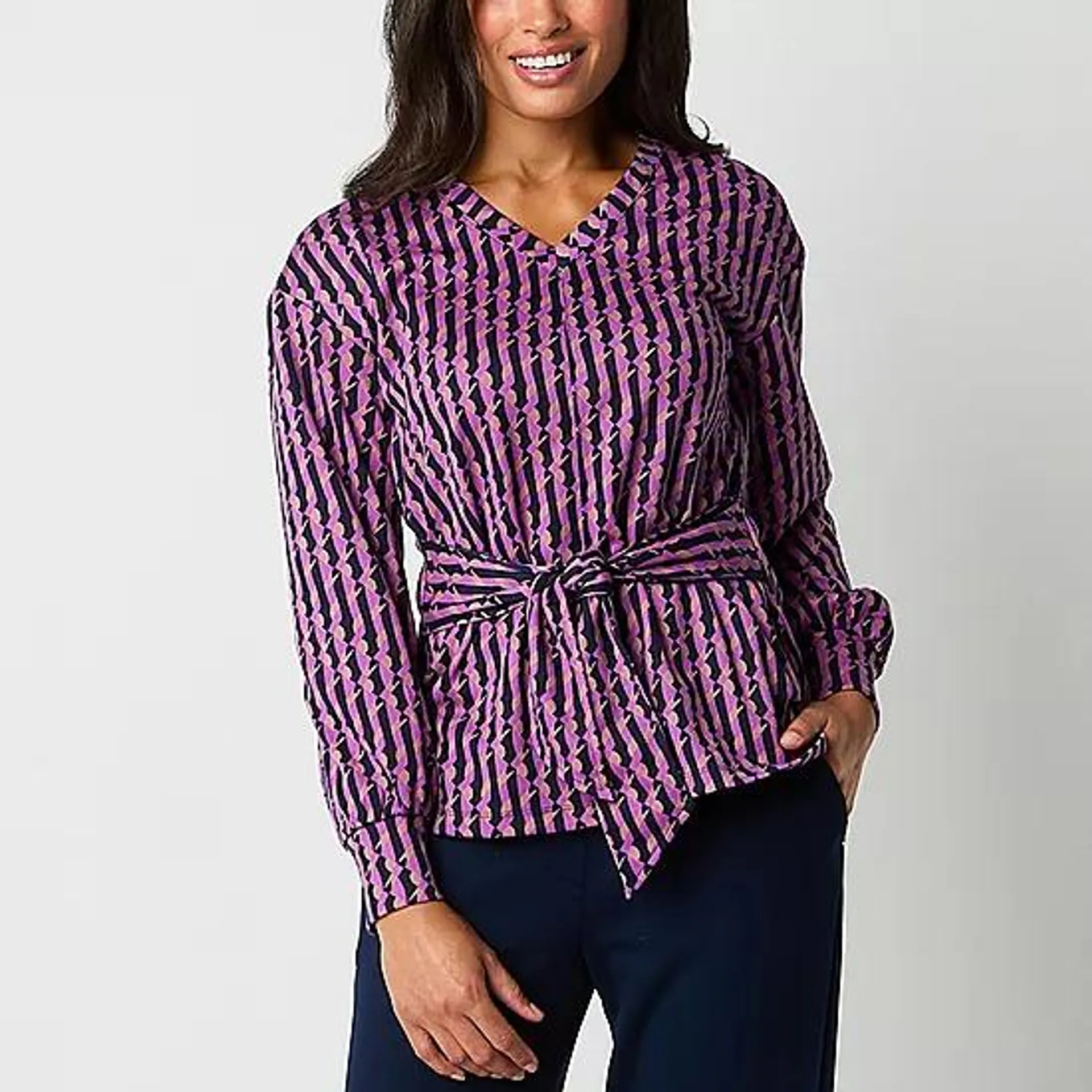 Liz Claiborne Tie Waist Womens V Neck Long Sleeve Blouse