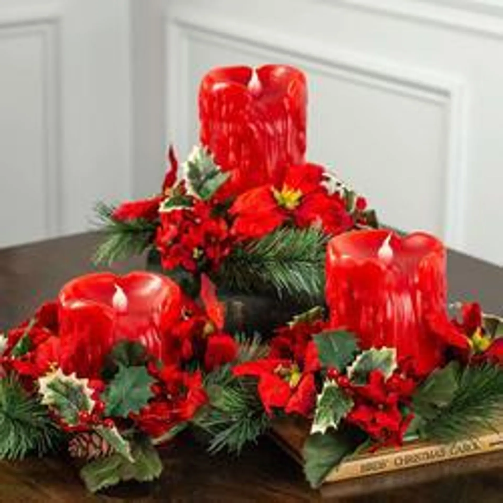 Red Battery Pillar Candles with Poinsettia Pine Candle Rings (1 set)