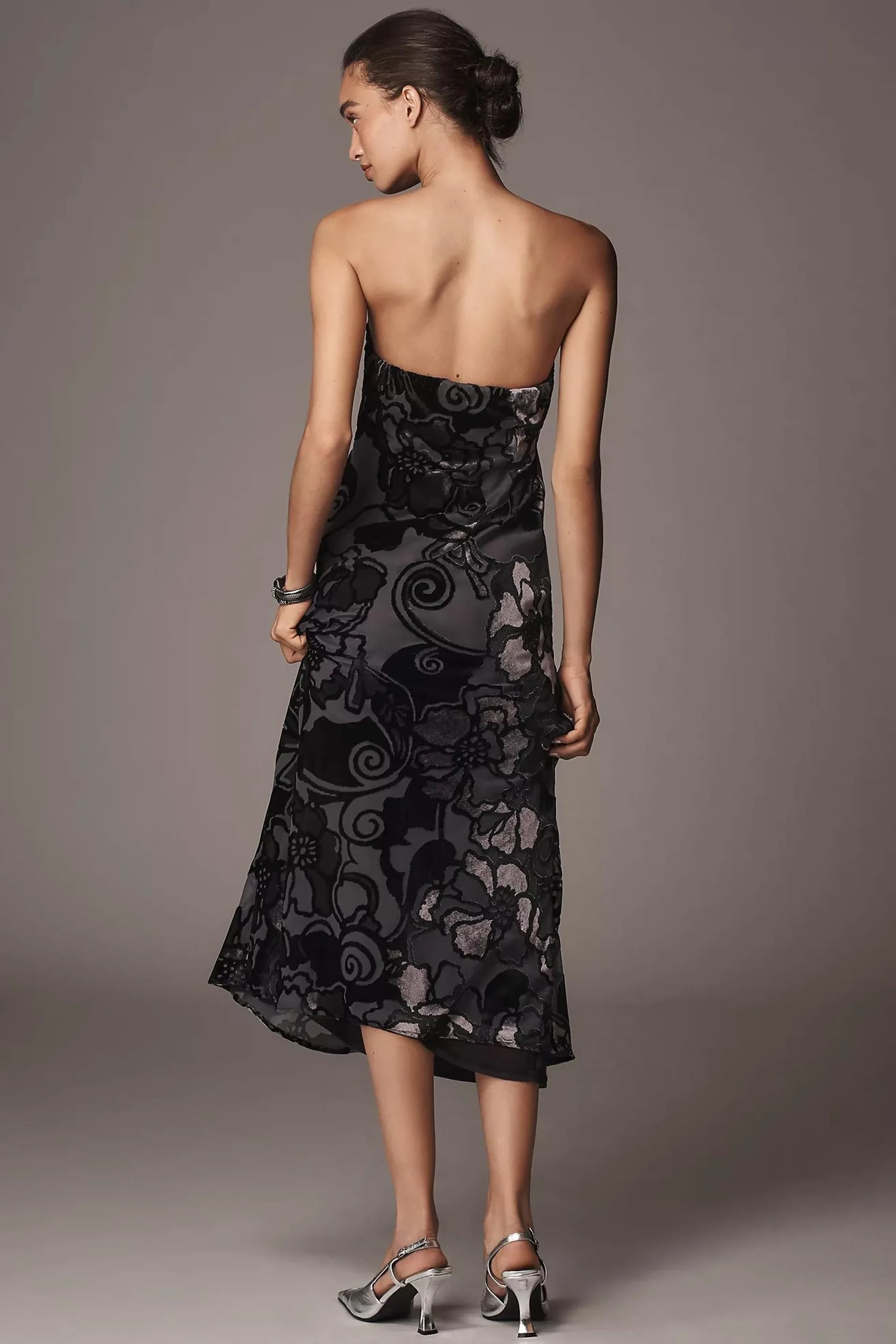 By Anthropologie Strapless Velvet Burnout Dress