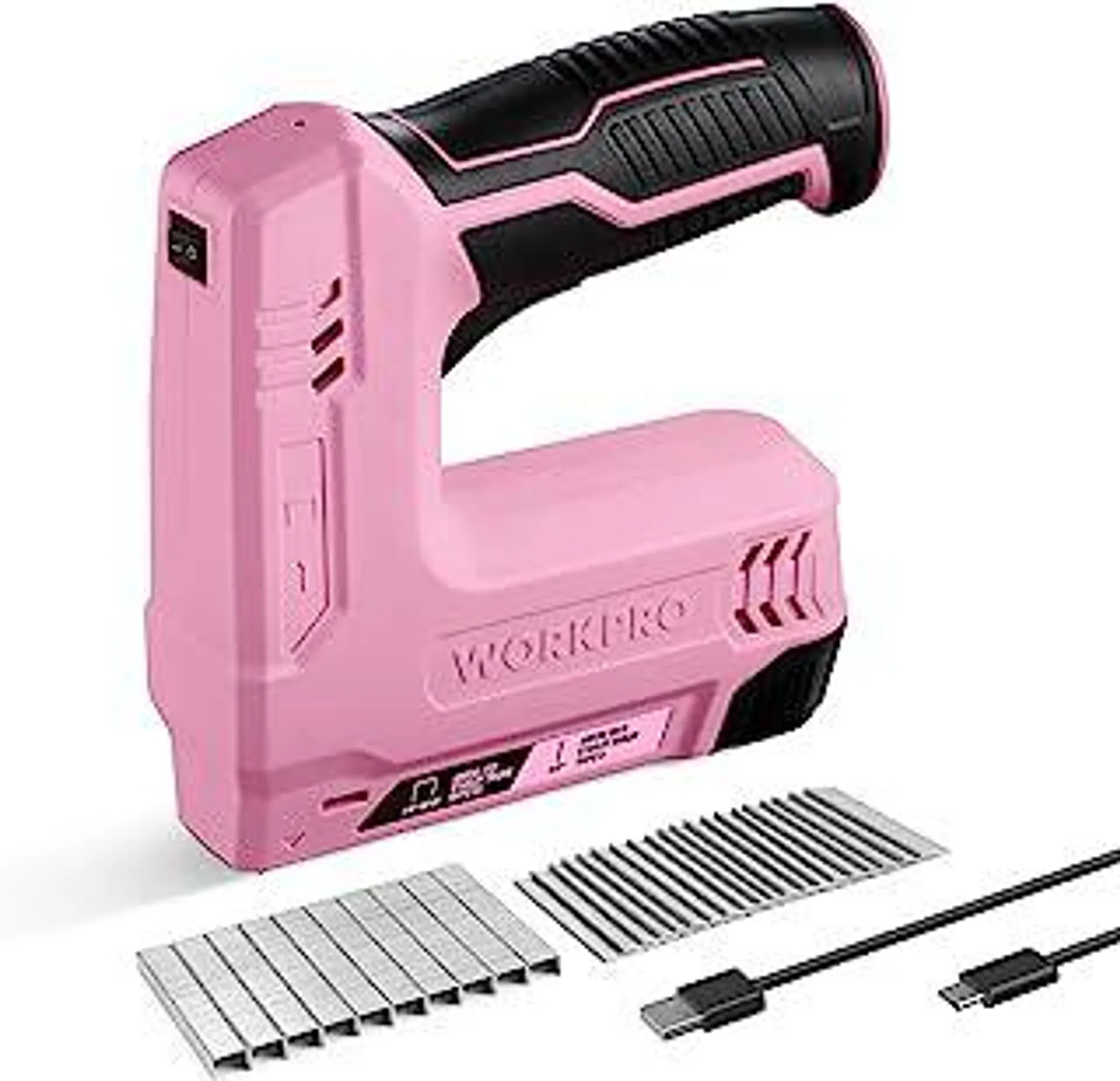 WORKPRO 3.6V Power Electric Cordless 2-in-1 Staple and Nail Gun, 2.0Ah Battery Powered Stapler for Upholstery, Carpentry, Crafts, DIY, Including USB Charger Cable, 2000PCS of Staples and Nails, Pink