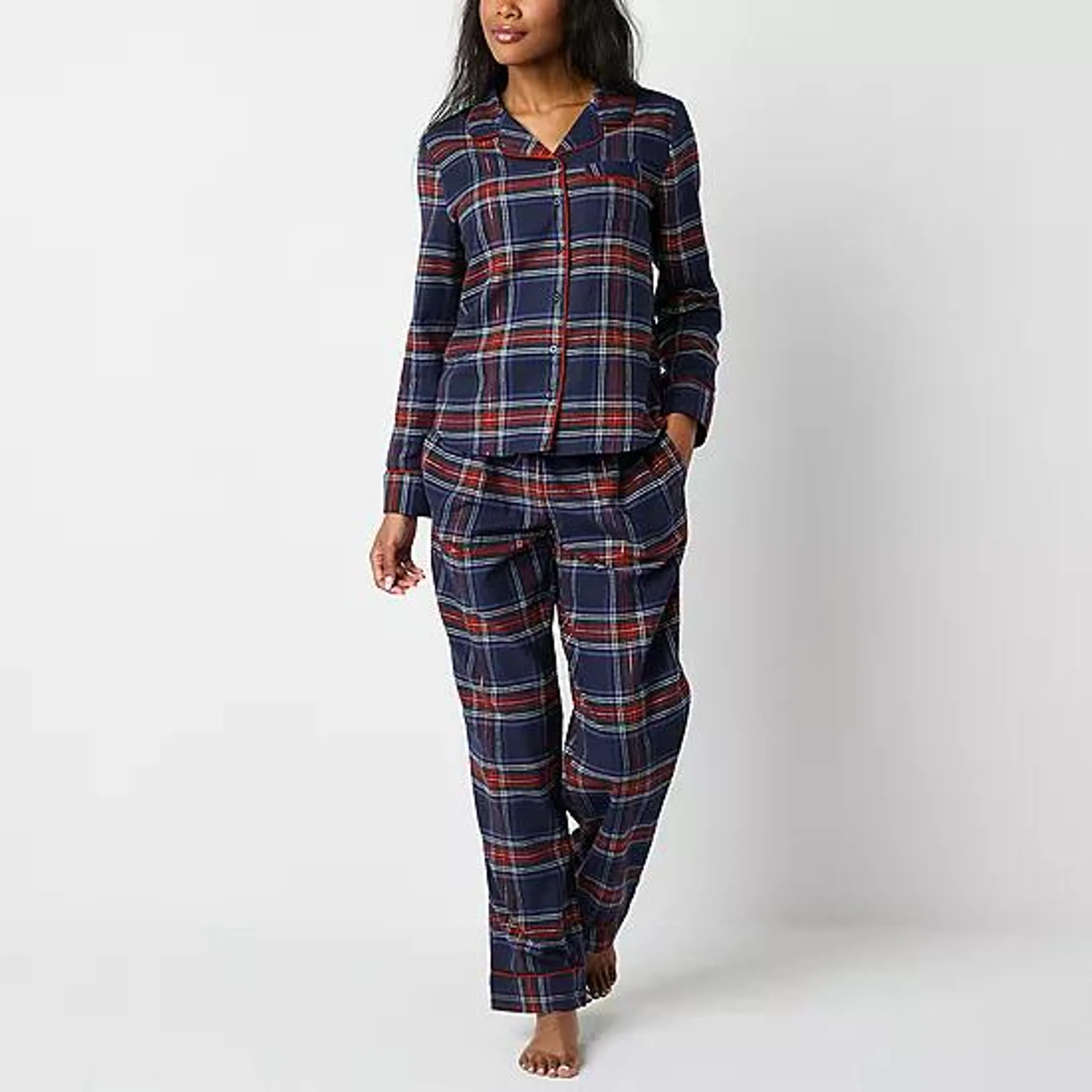 Liz Claiborne Womens Flannel Long Sleeve 2-pc. Pant Pajama Set