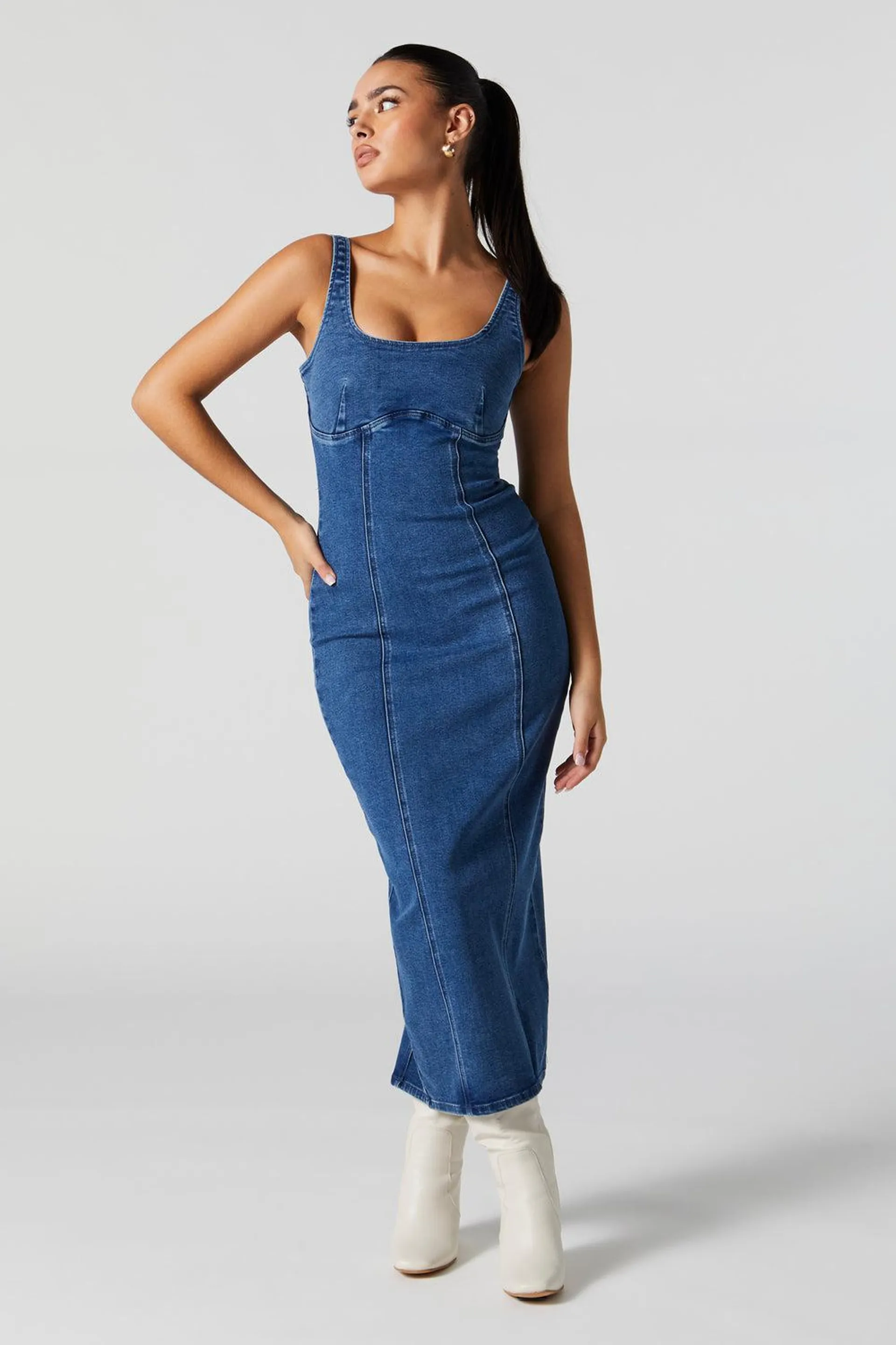 Dark Wash Denim Bodycon Maxi Dress