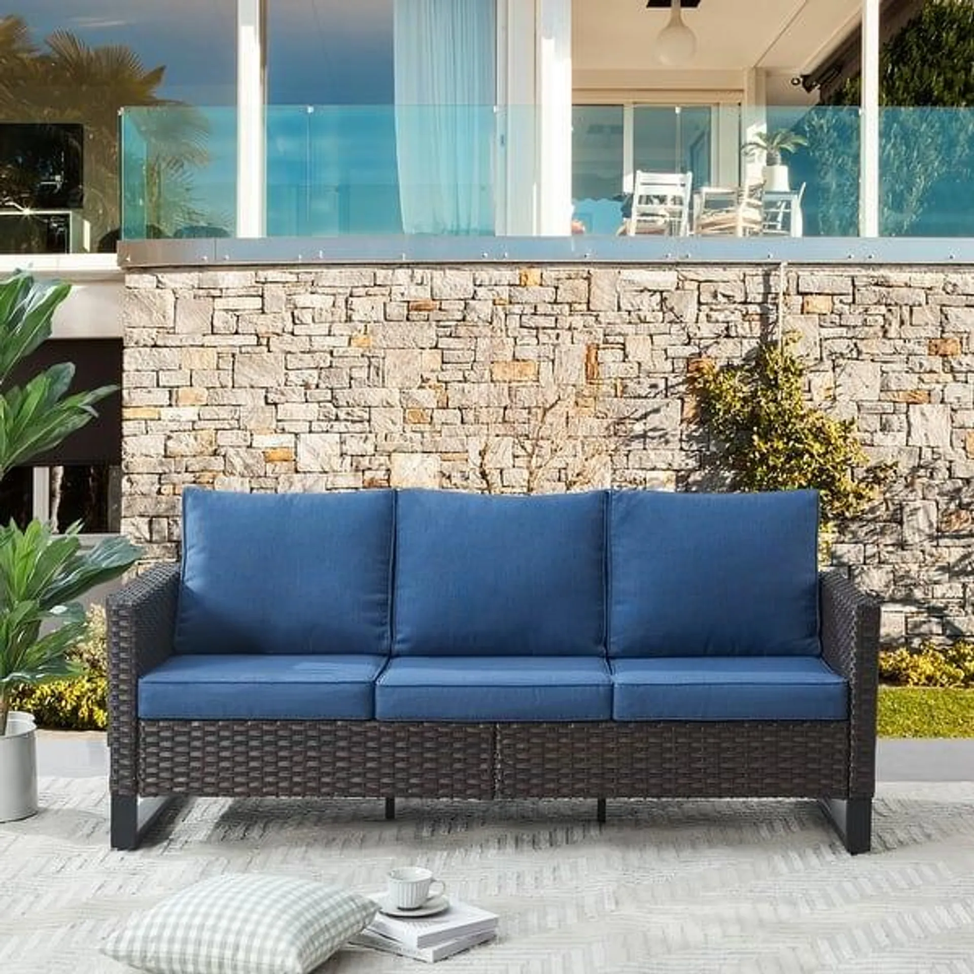 Outdoor PE Rattan Sofa with Thick Cushions