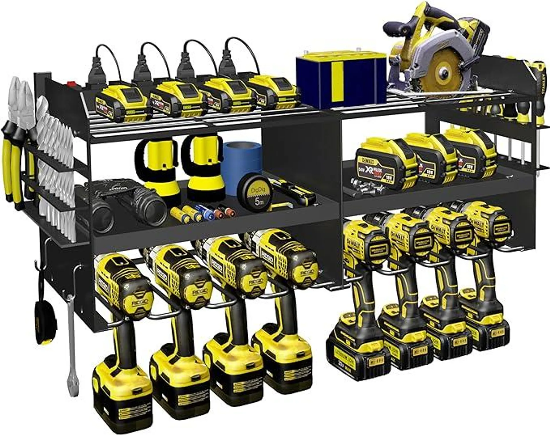 Power Tool Organizer with Charging Station,3 Layer Holders Heavy Duty Metal Power Tool Storage Rack with 8 Drill Holders, Garage Tool Organizer and Storage with 8 Outlet Power Strip