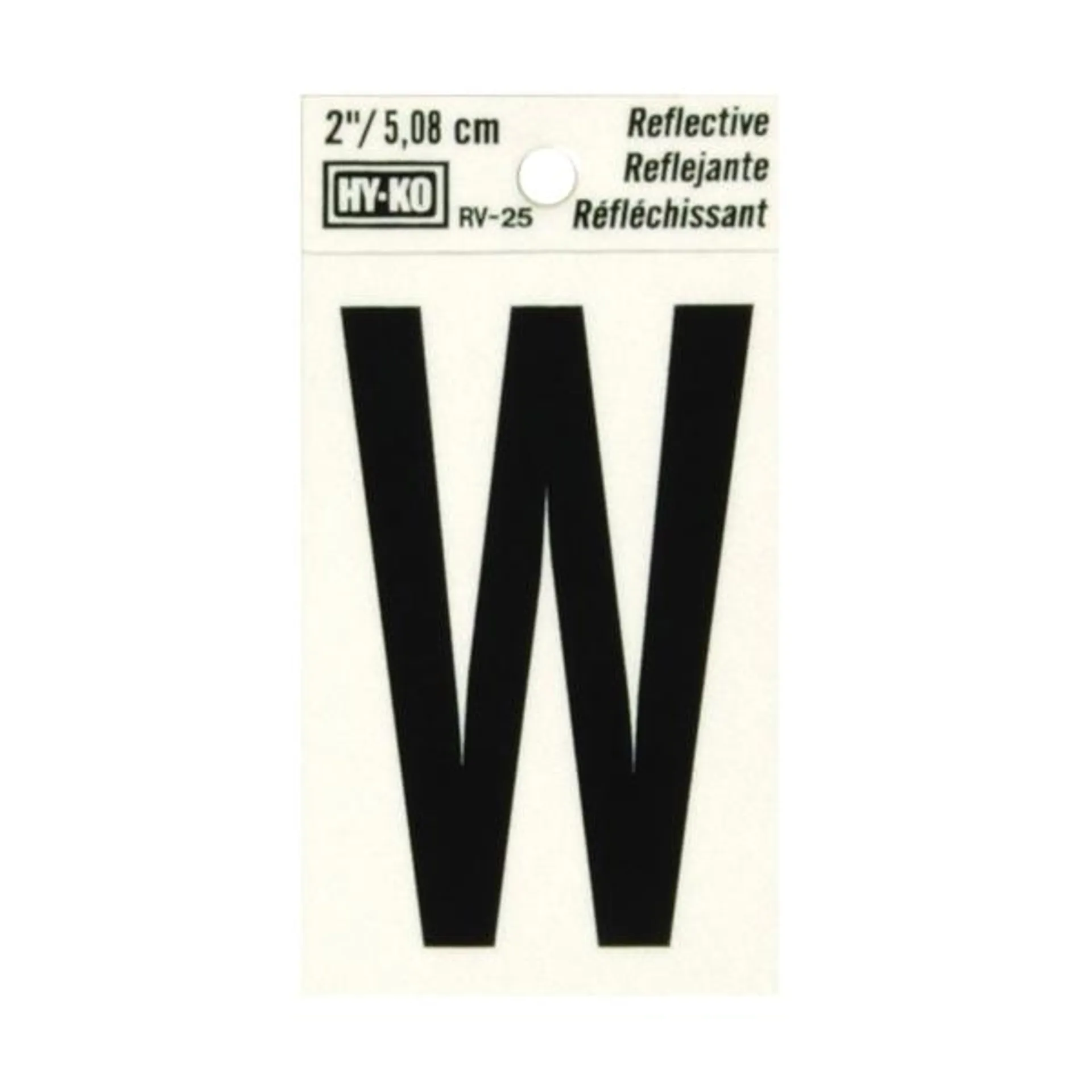 RV-25/W Reflective Letter, Character: W, 2 in H Character, Black Character, Silver Background, Vinyl