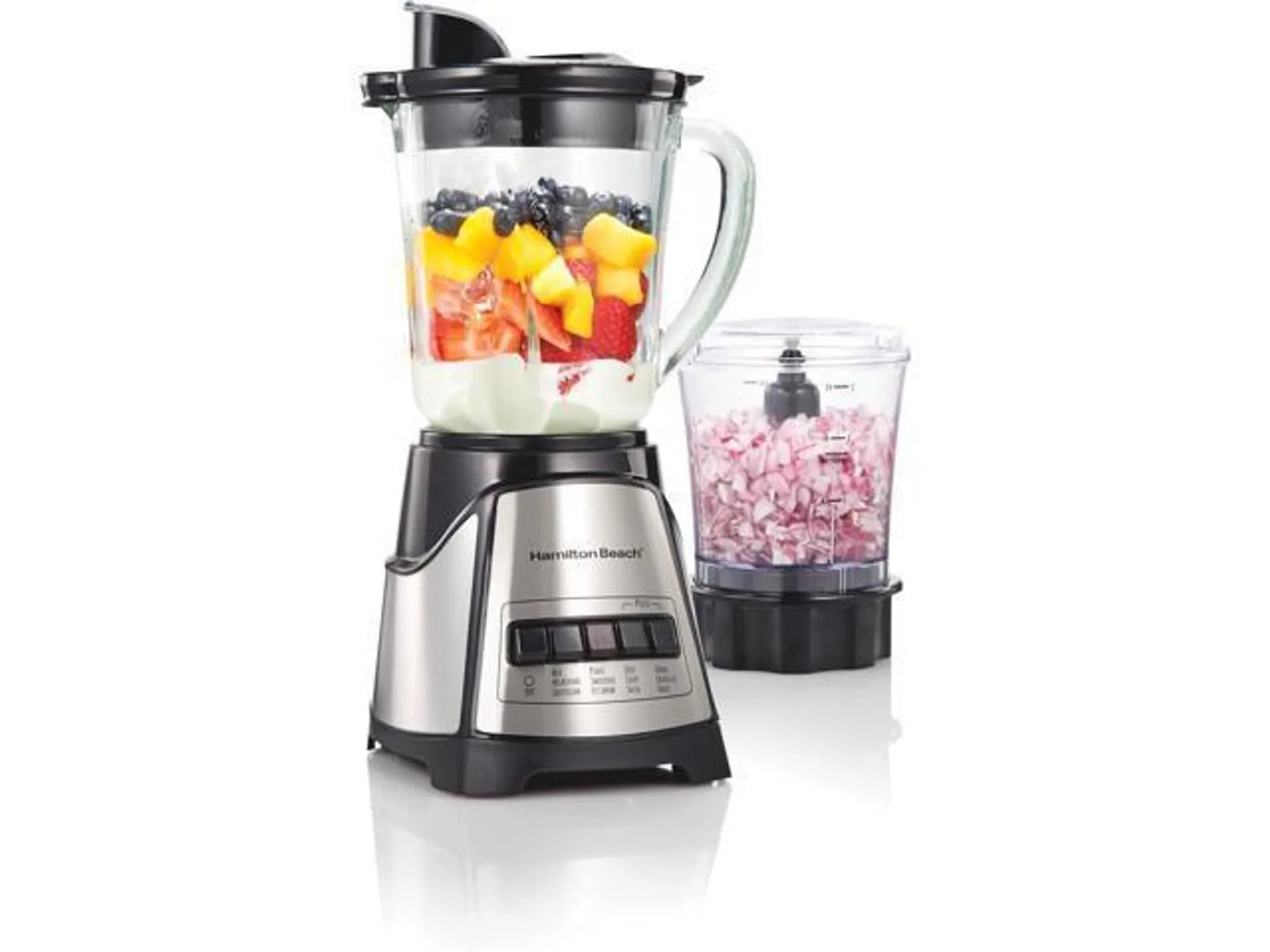 Hamilton Beach Power Elite Blender for Shakes and Smoothies with 3-Cup Vegetable Chopper Mini Food Processor, 40oz Glass Jar, 12 Functions for Puree, Ice Crush, Black and Stainless Steel (58149)