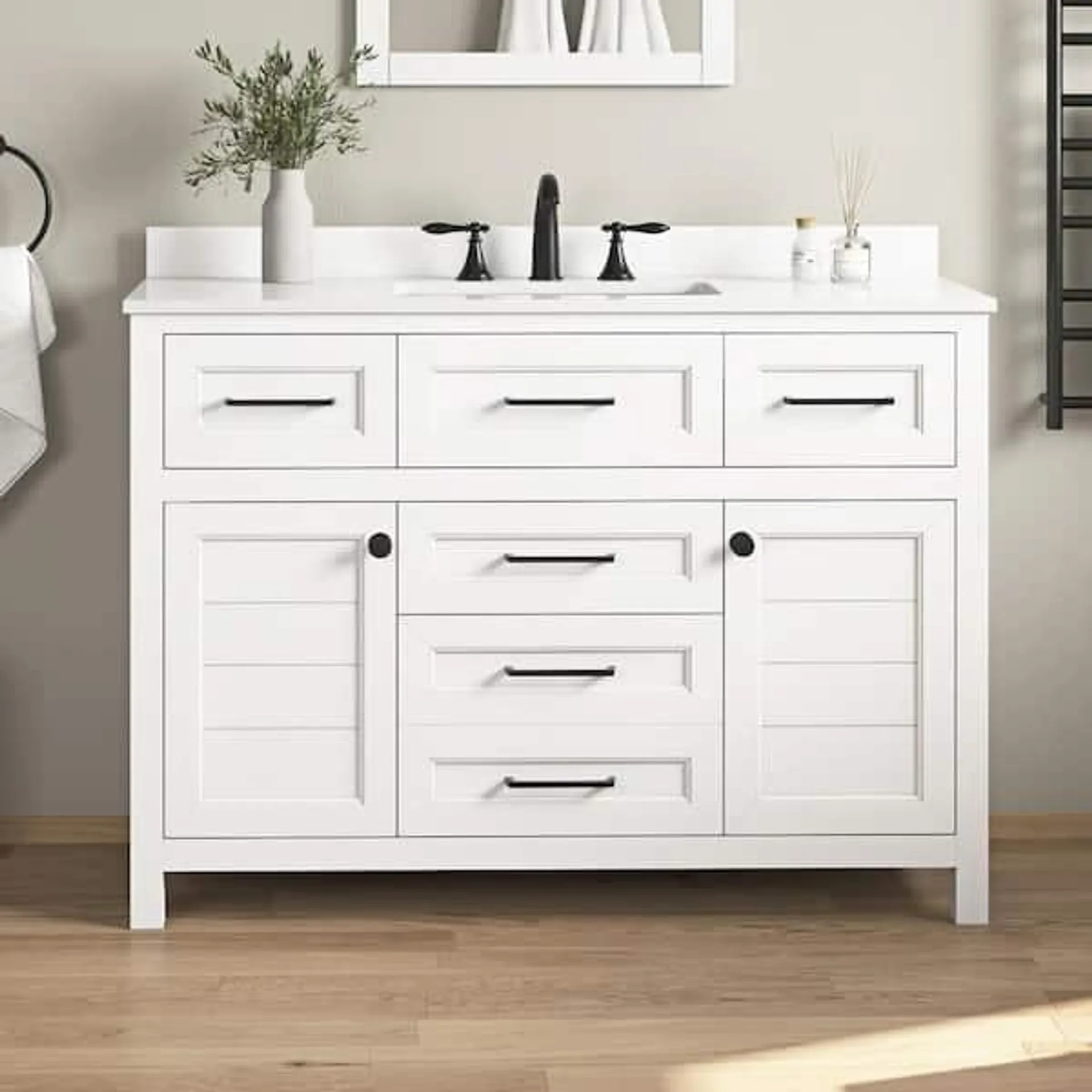 Hanna 42 in. Single Sink White Bath Vanity with White Engineered Stone Top (Assembled)