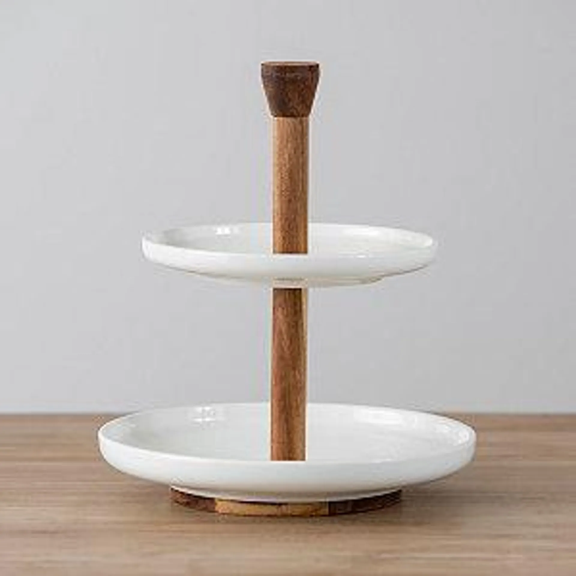 White Ceramic and Wood 2-Tier Serving Tray