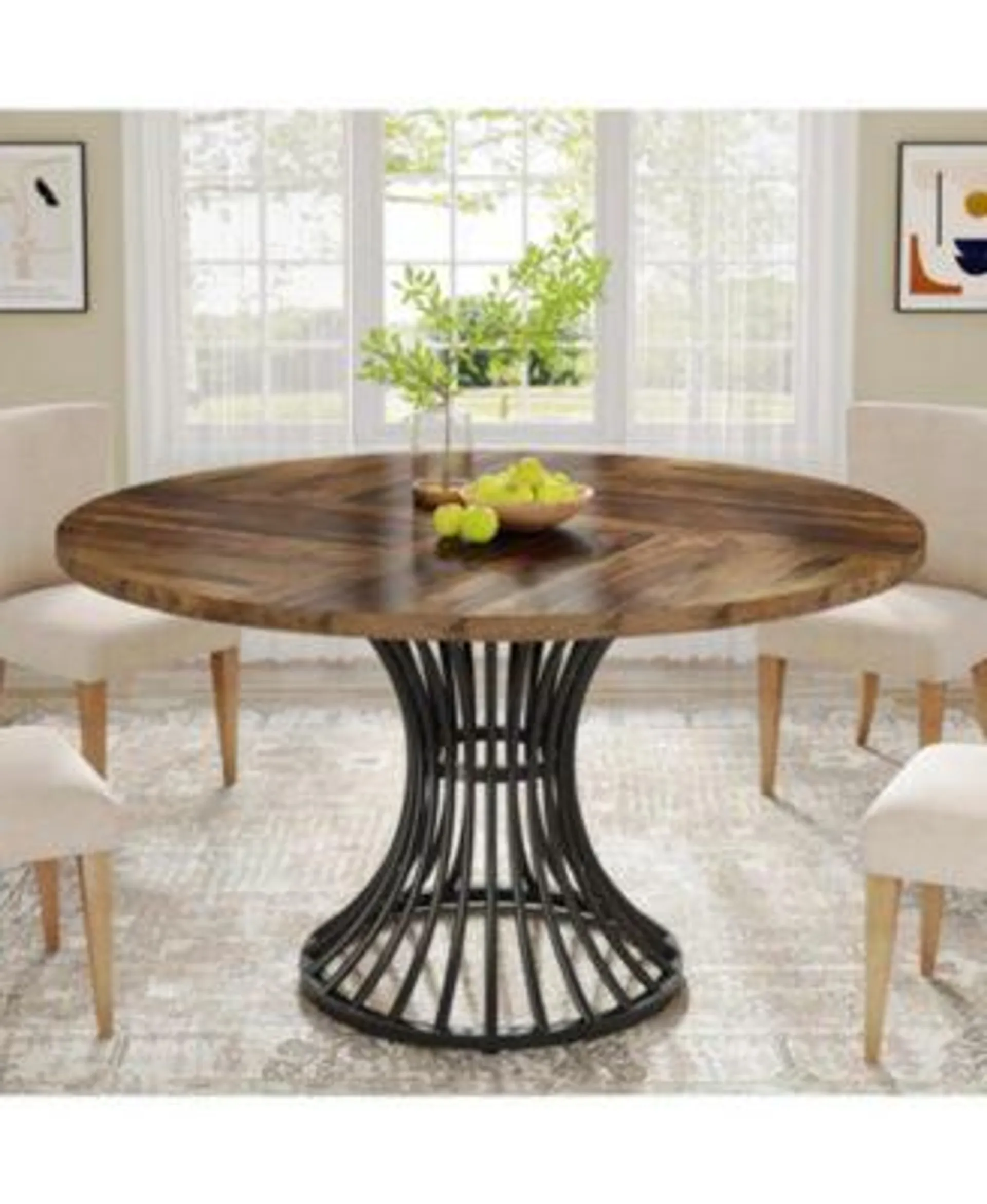 Round Dining Table for 4-6 People, 47-Inch Farmhouse Dinning Room Table Circle Kitchen Table, Industrial Dinner Table with Metal Base for Kitchen, Living Room