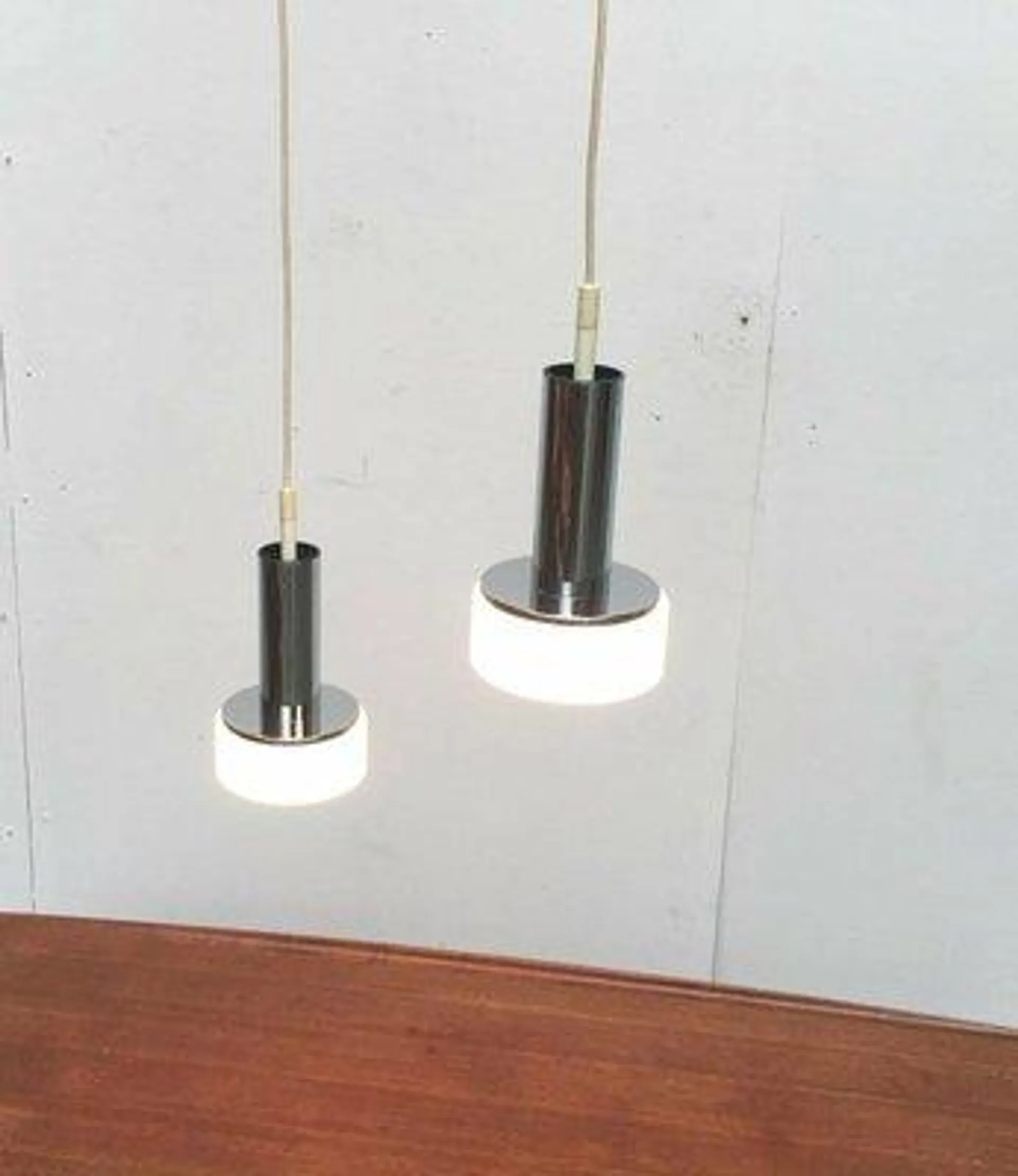 Mid-Century Space Age German Model P105 Glass and Chrome Pendant Lamps from Staff, 1960s, Set of 2