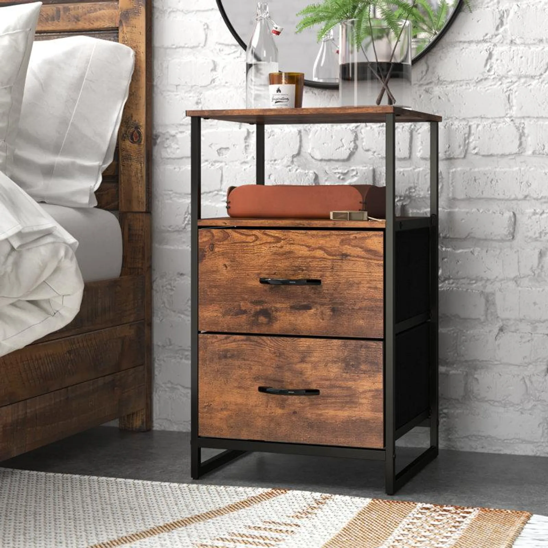 18" wide Industrial Wooden Nightstand with Iron Frame and 2 Drawers