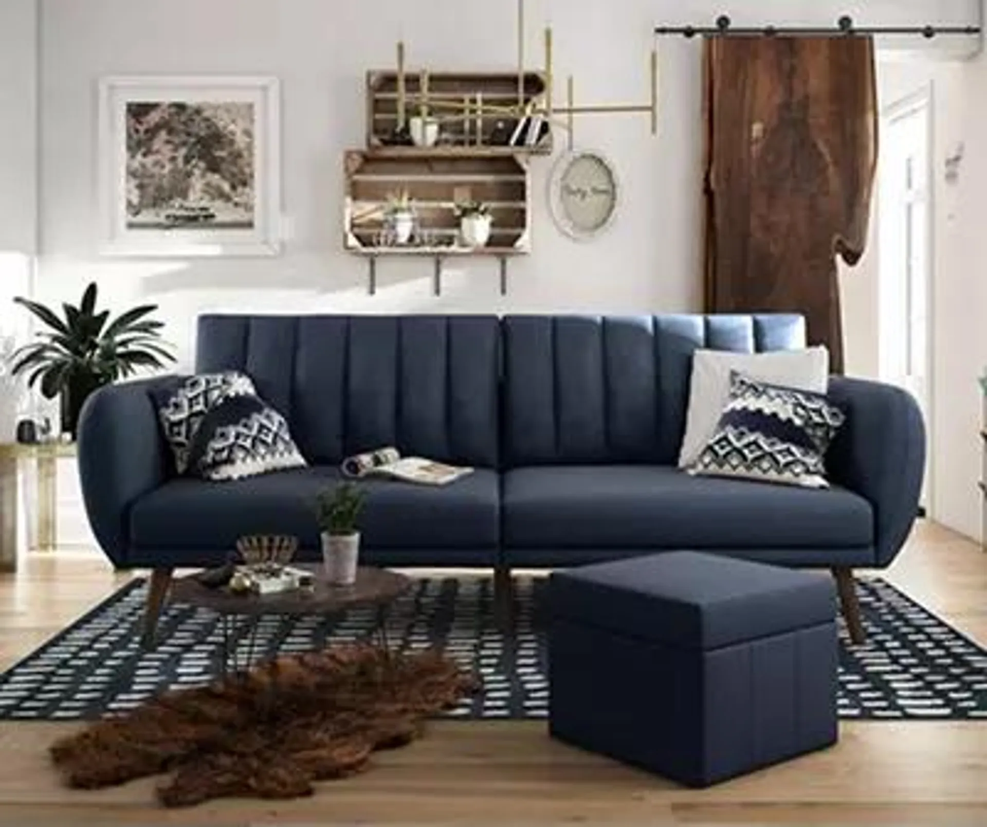 Brittany Navy Blue Linen Convertible Sleeper Futon