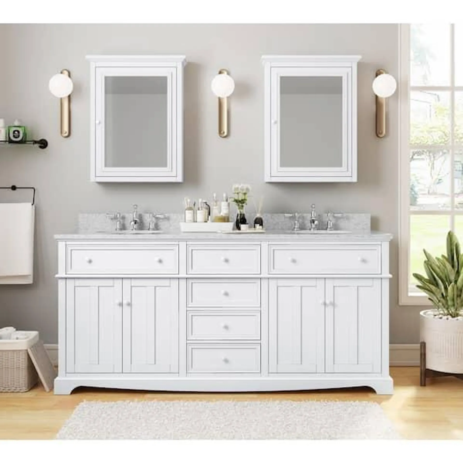 Fremont 72 in. Double Sink Freestanding White Bath Vanity with Grey Granite Top (Assembled)