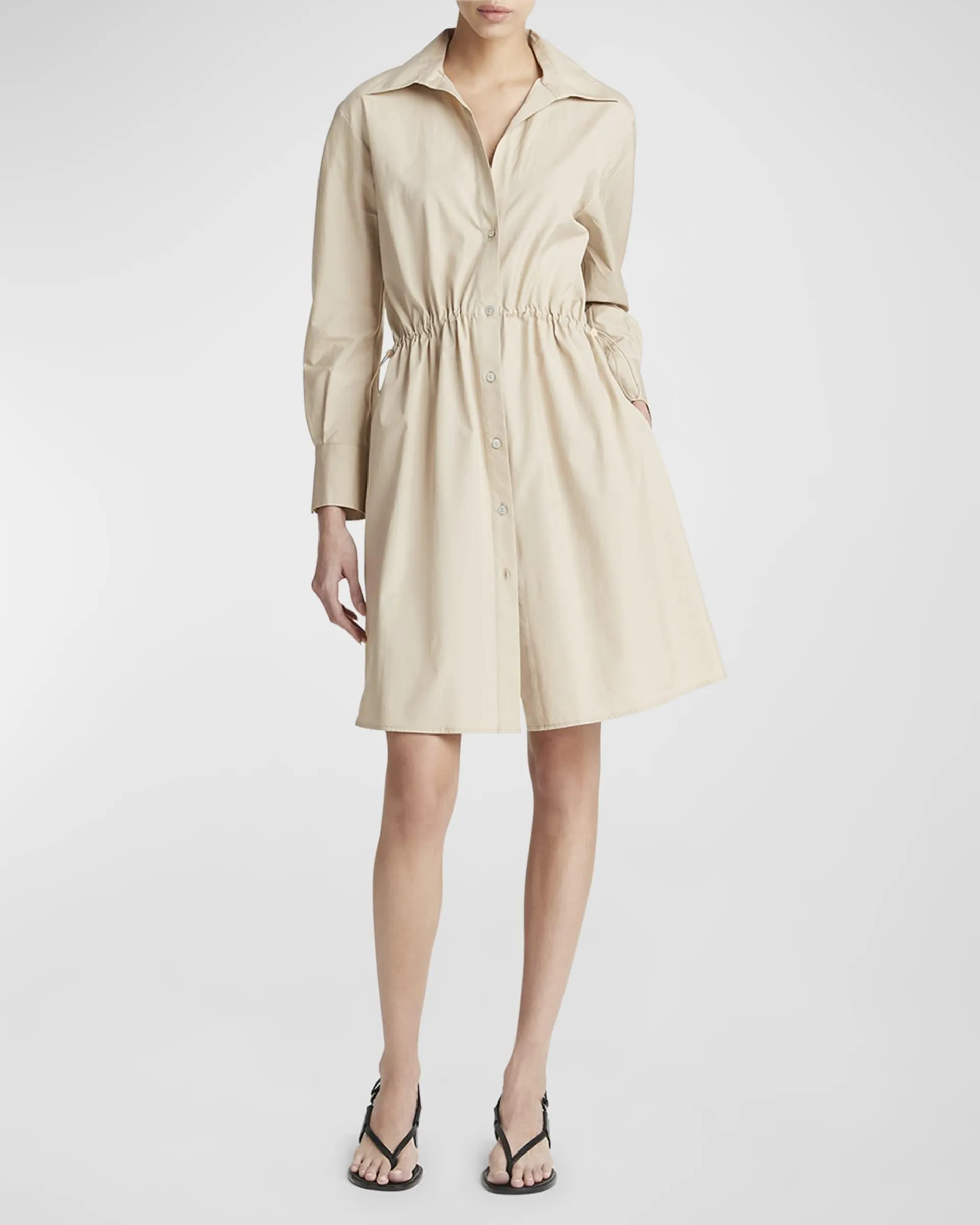 Drawcord Ruched Cotton Poplin Mini Shirtdress