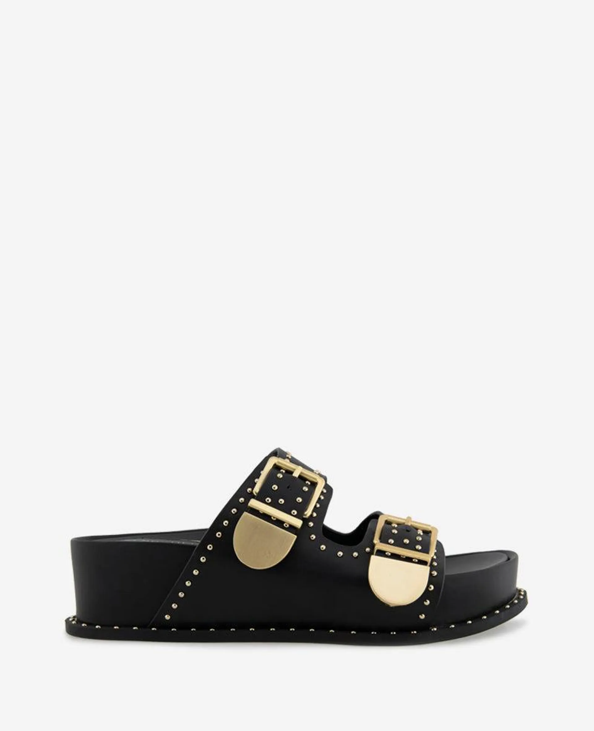 Gradie Double Buckle Studded Leather Platform Slide Sandal