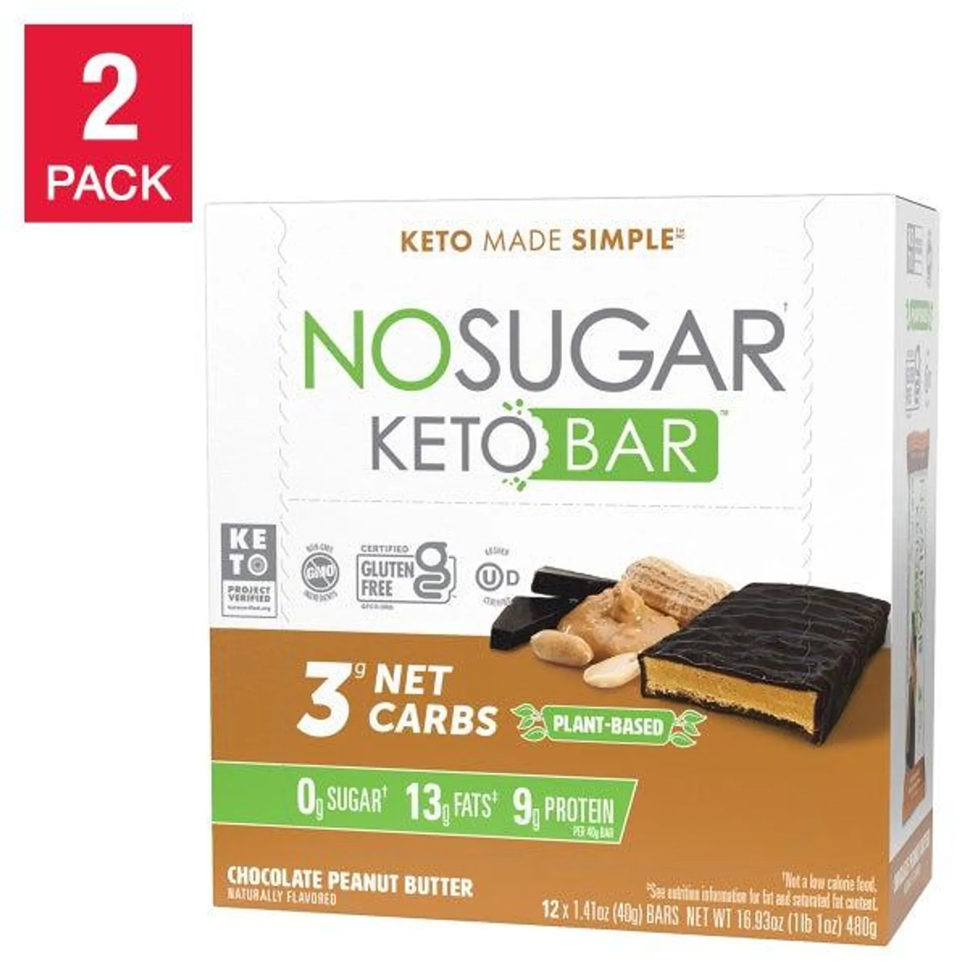 No Sugar Keto Bar (12 count) 2-pack Chocolate Peanut Butter