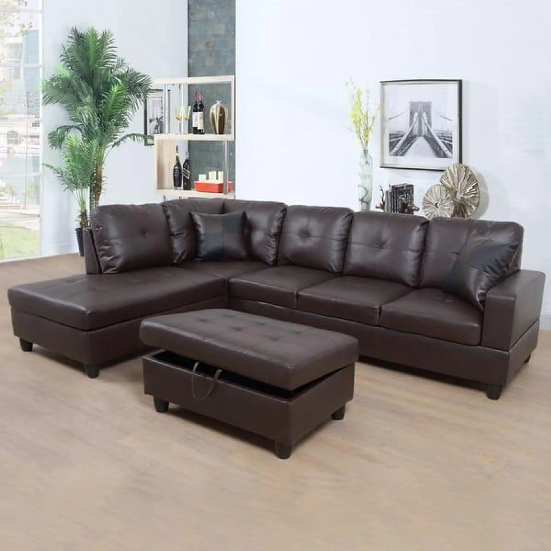 Brown Faux Leather 3-Piece Couch L-shaped Living Room Sofa Set