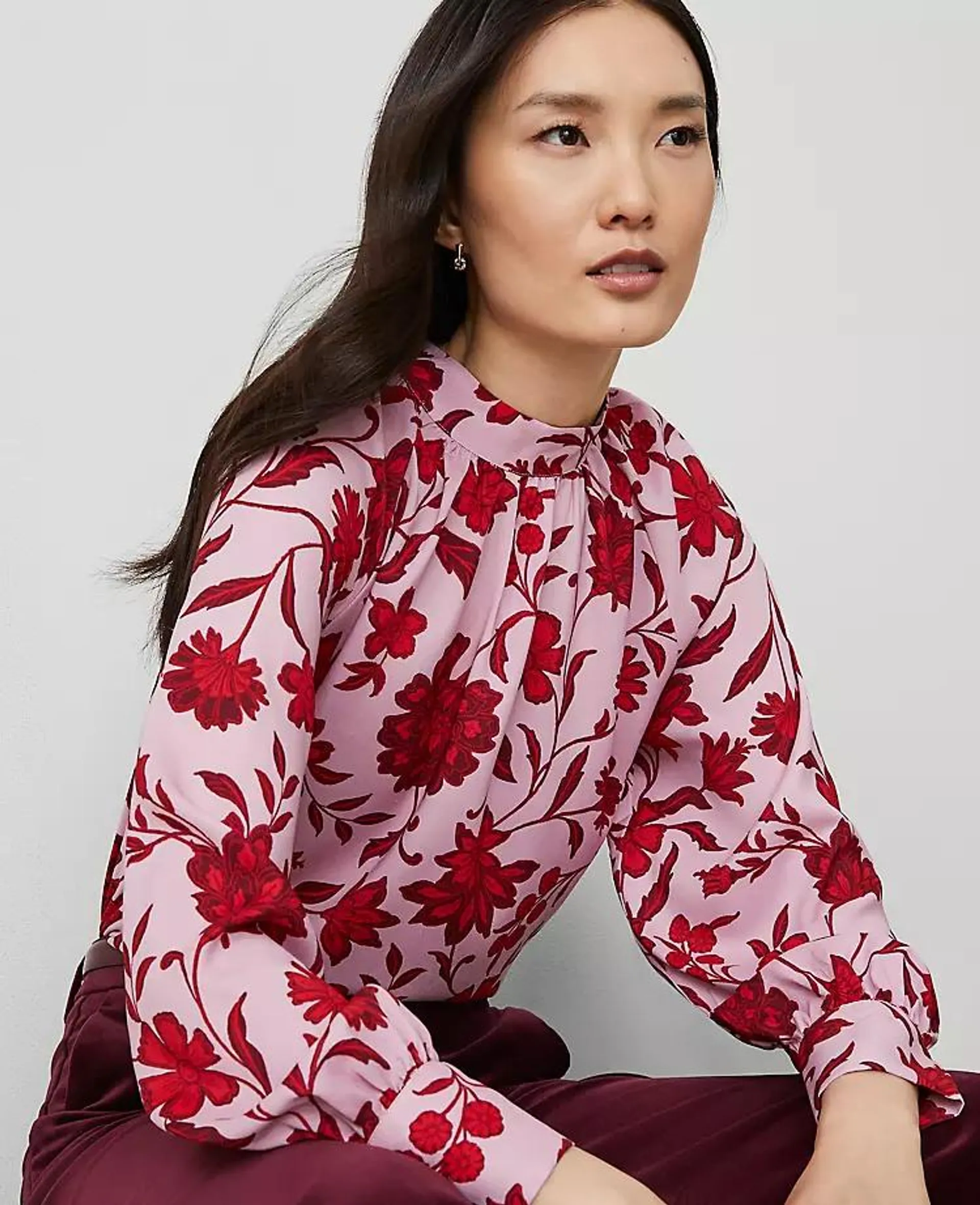 Floral Mock Neck Shirred Front Popover