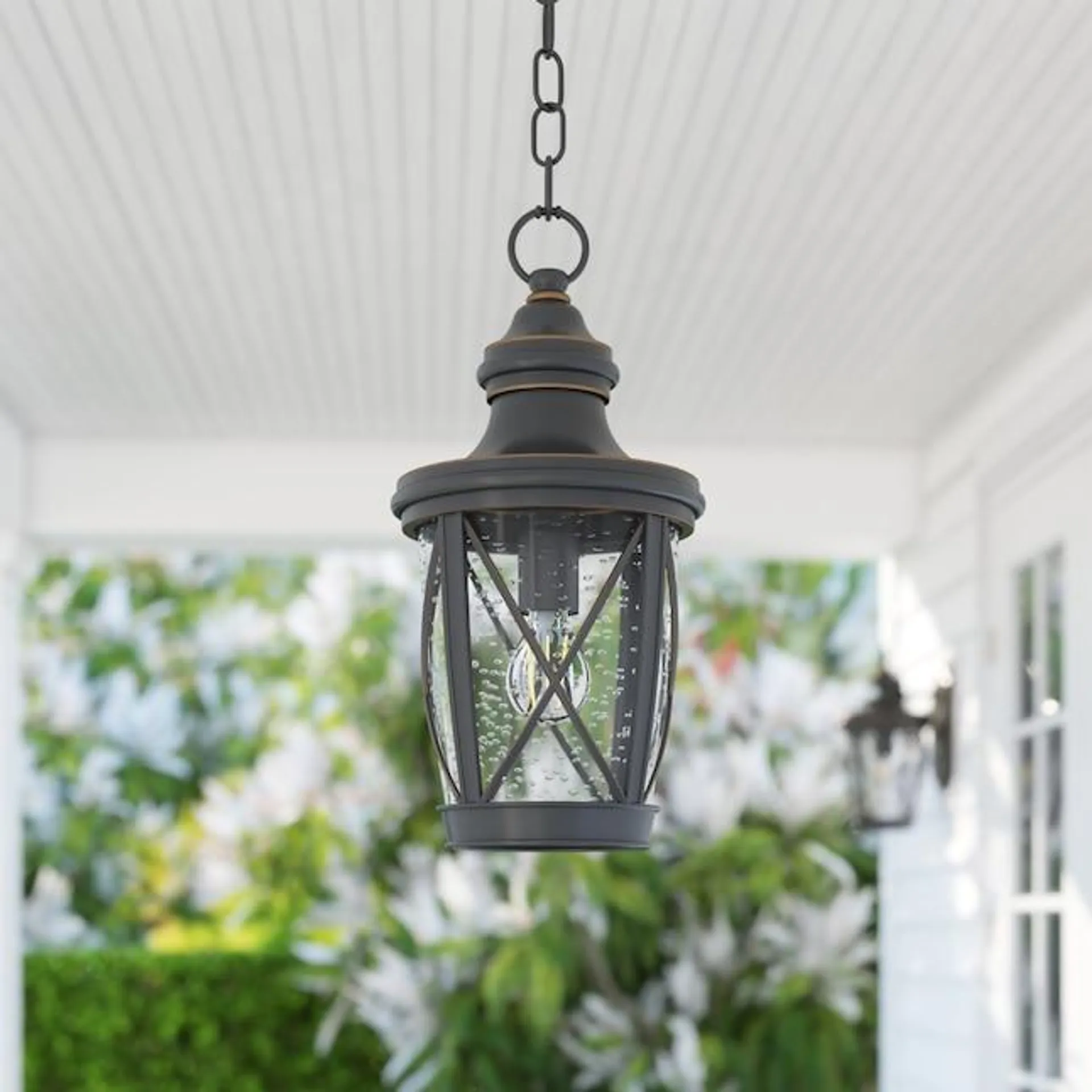 allen + roth Castine Bronze Craftsman Seeded Glass Lantern LED Medium Outdoor Hanging Pendant Light