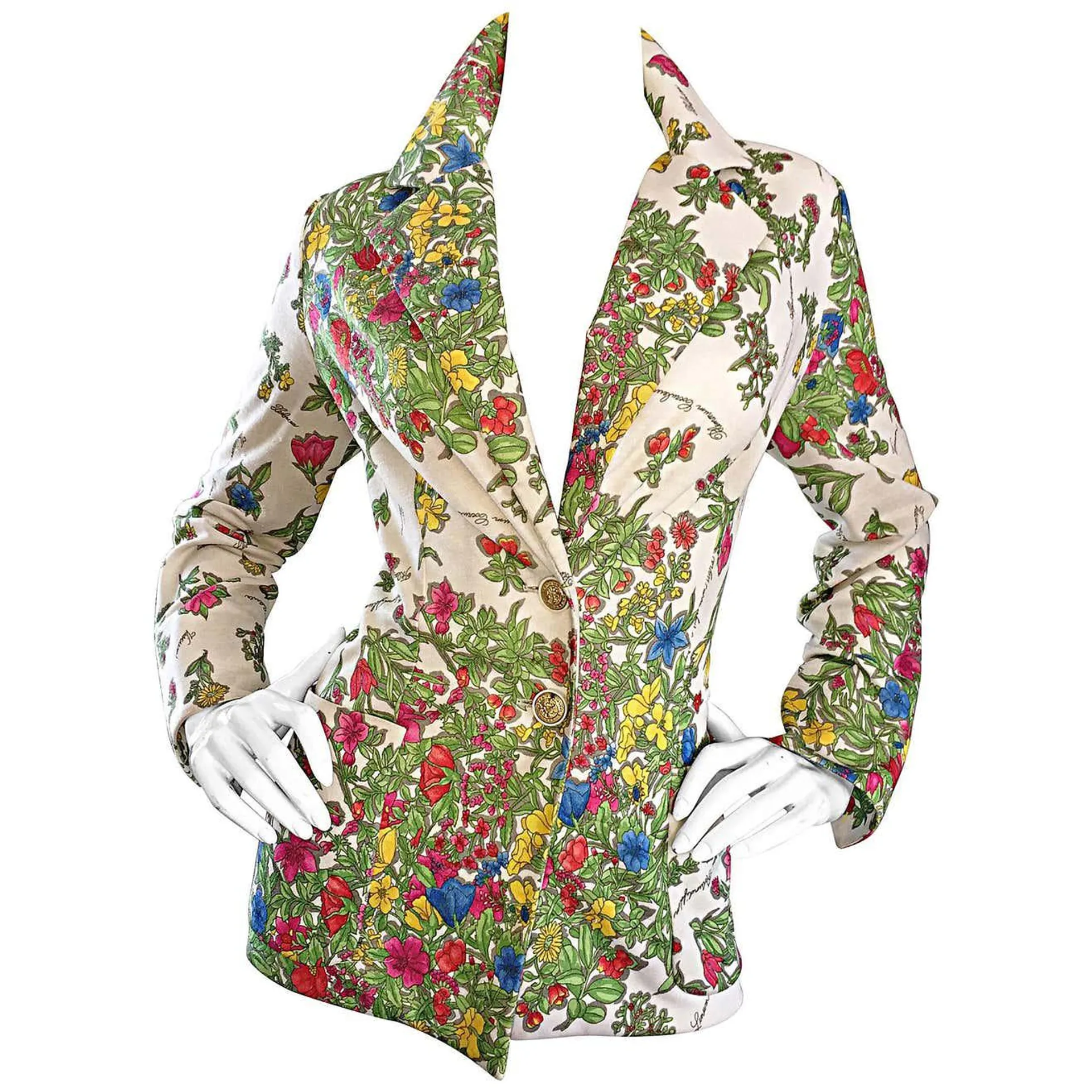 1970s Leslie Fay Knit Jersey Novelty Floral Garden Botanical Print Blazer Jacket