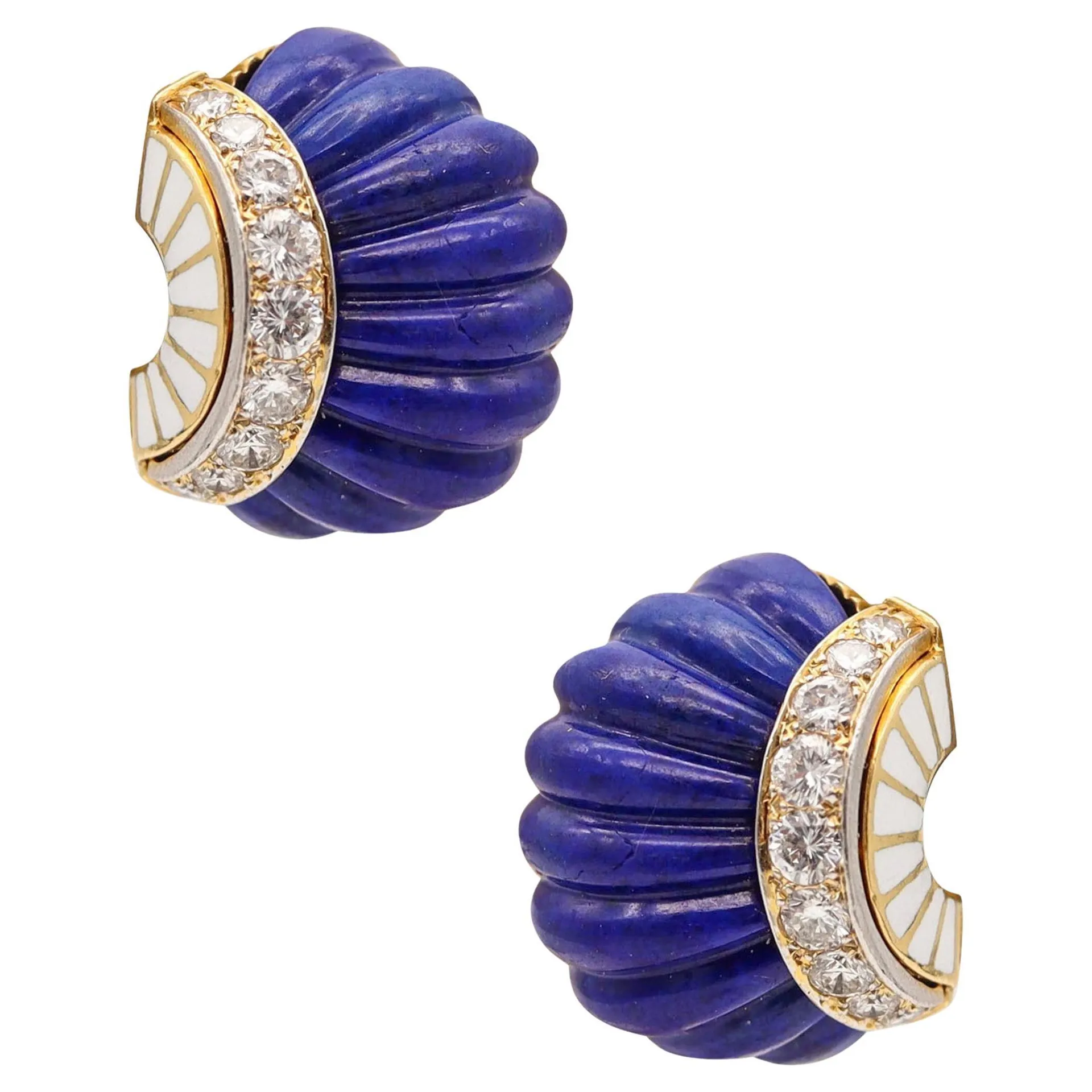 DAVID WEBB 1970 Clips-on Earrings 18Kt Gold With 41.68 Ctw In Diamonds & Lapis