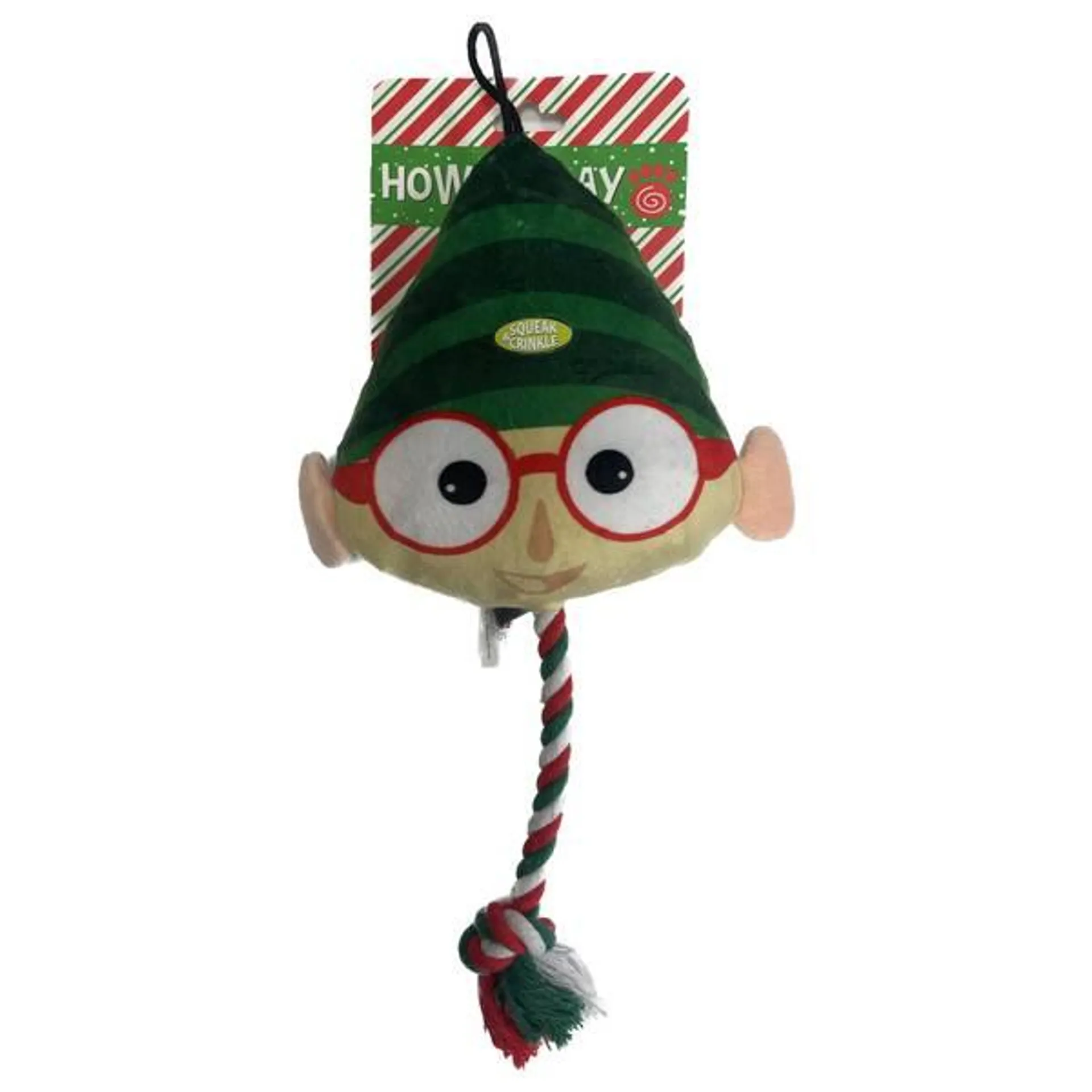 15" Elf Head with Rope Dog Toy