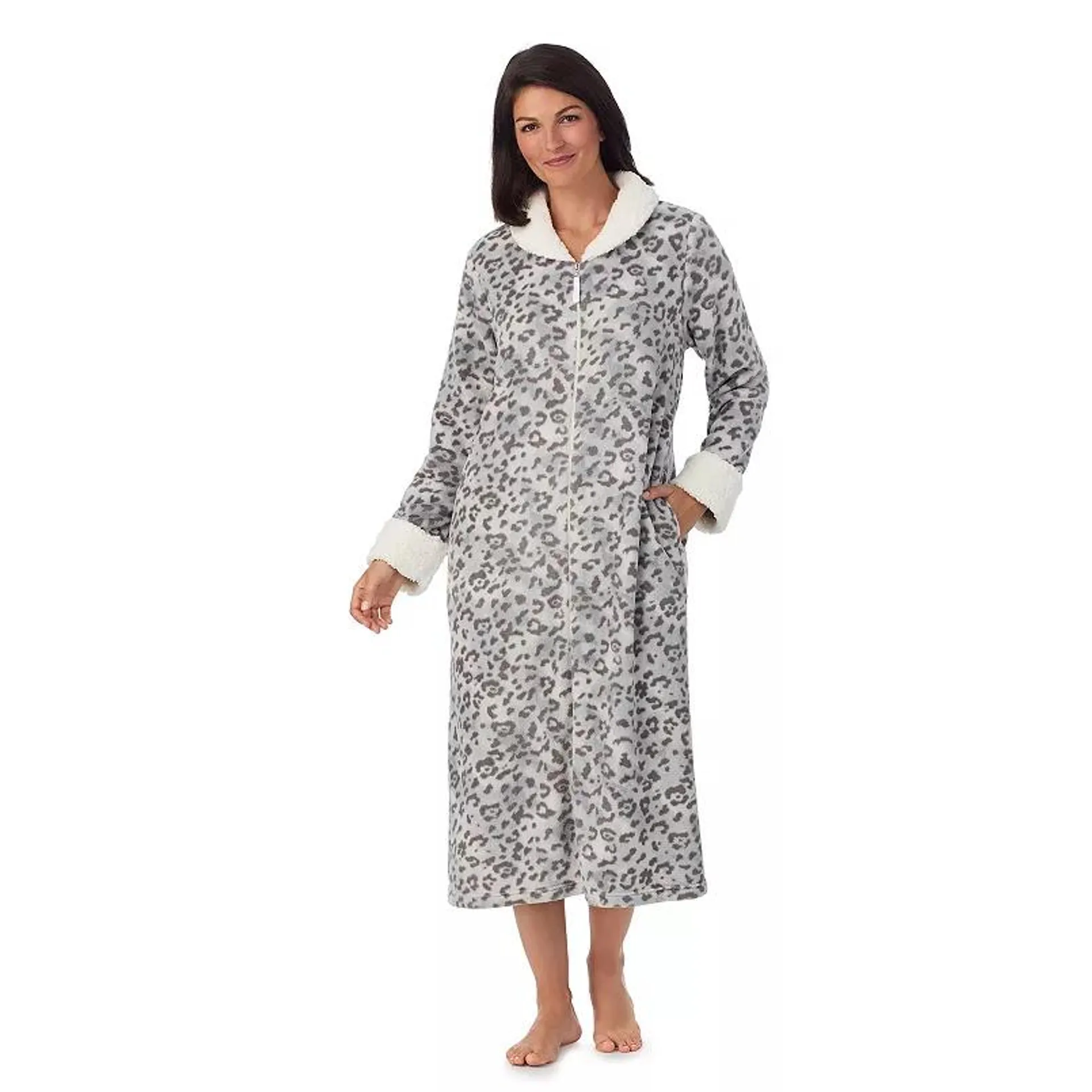 Women's Stan Herman Printed Plush Collar Zip Robe